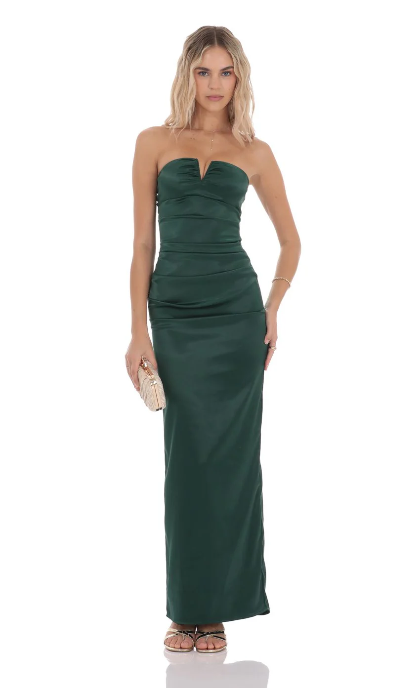 Satin V-Strapless Maxi Dress in Green - luluinthesky