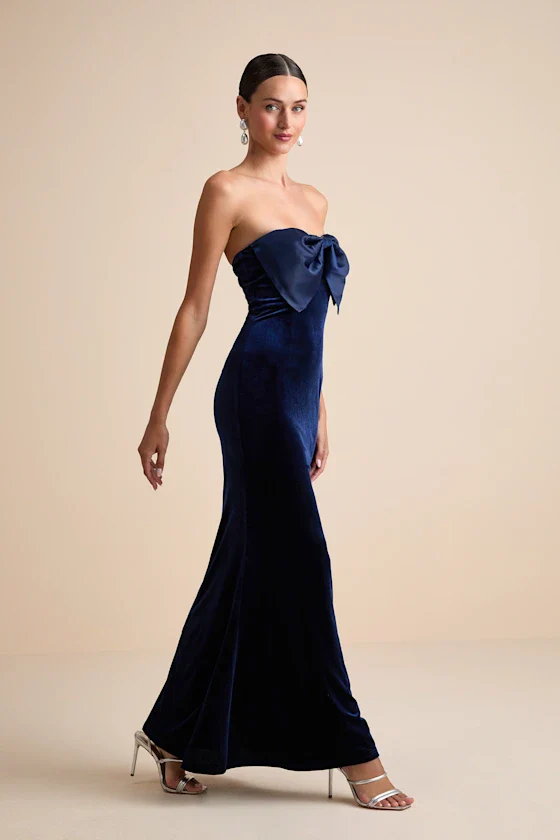Dramatic Stunner Navy Velvet Bow Strapless Maxi Dress - luluinthesky
