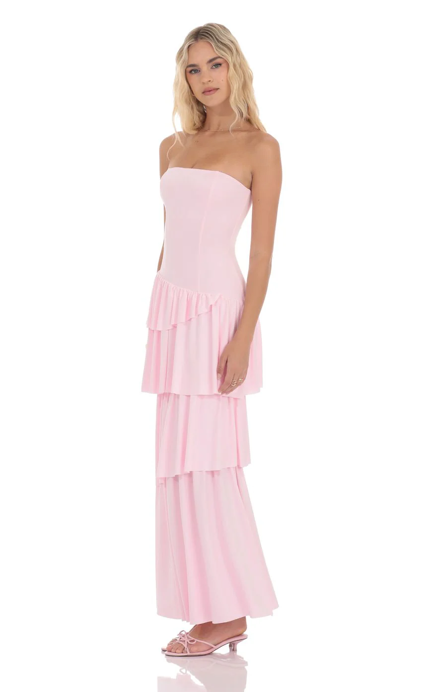 Strapless Asymmetrical Ruffle Maxi Dress in Pink - luluinthesky