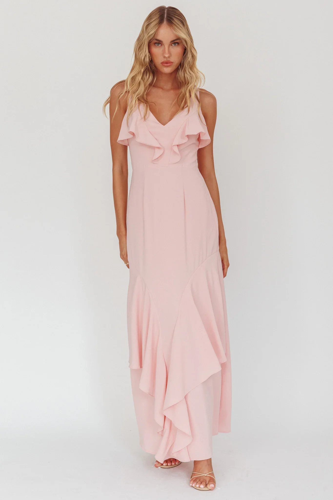 Firelights Ruffle Trim Maxi Dress Pink - luluinthesky