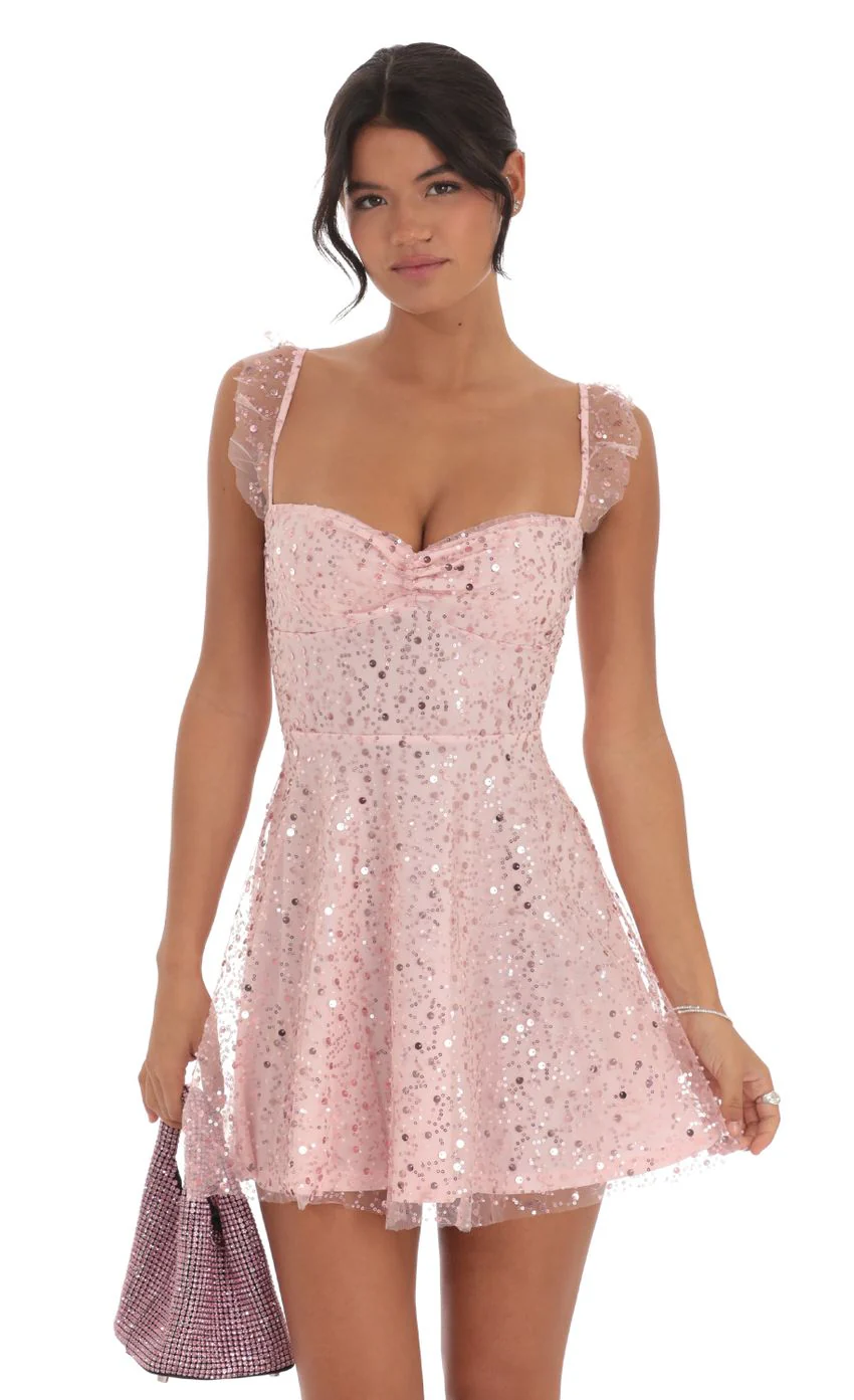 Sequin Ruffle Strap A-Line Dress in Pink - luluinthesky