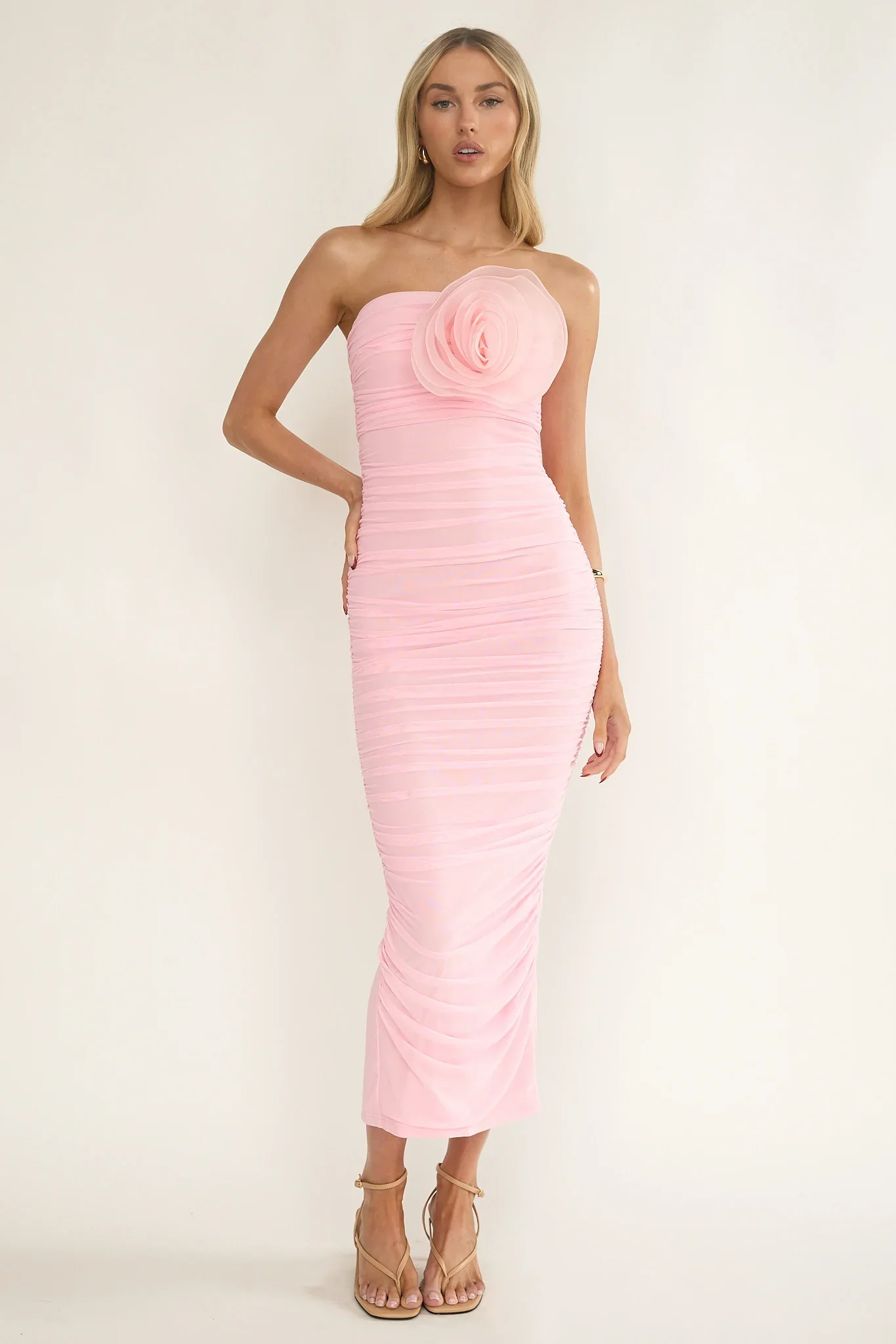 She Just Knows Ruched Flower Bust Maxi Dress Pink - luluinthesky