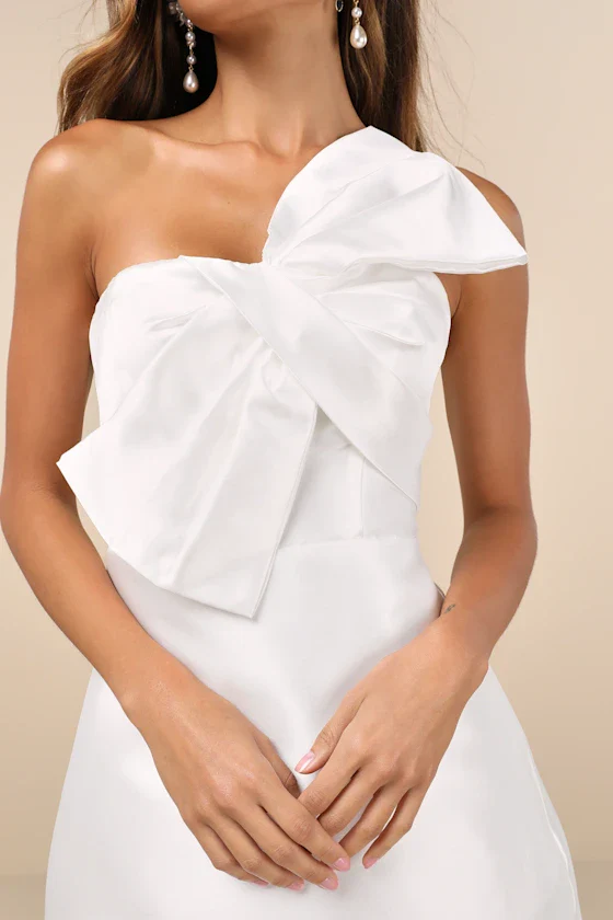 Utterly Pretty White Bow One-Shoulder Mini Dress with Pockets - luluinthesky