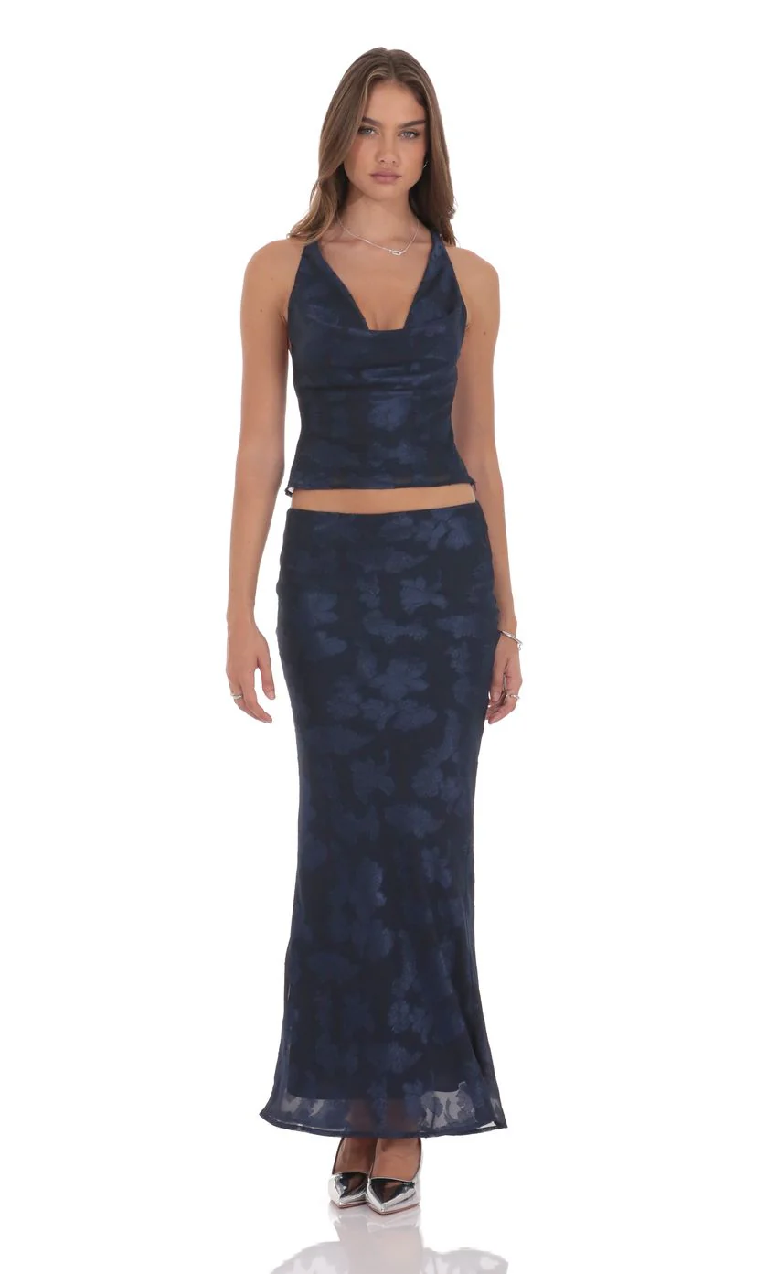 Burnout Floral Maxi Skirt in Navy - luluinthesky