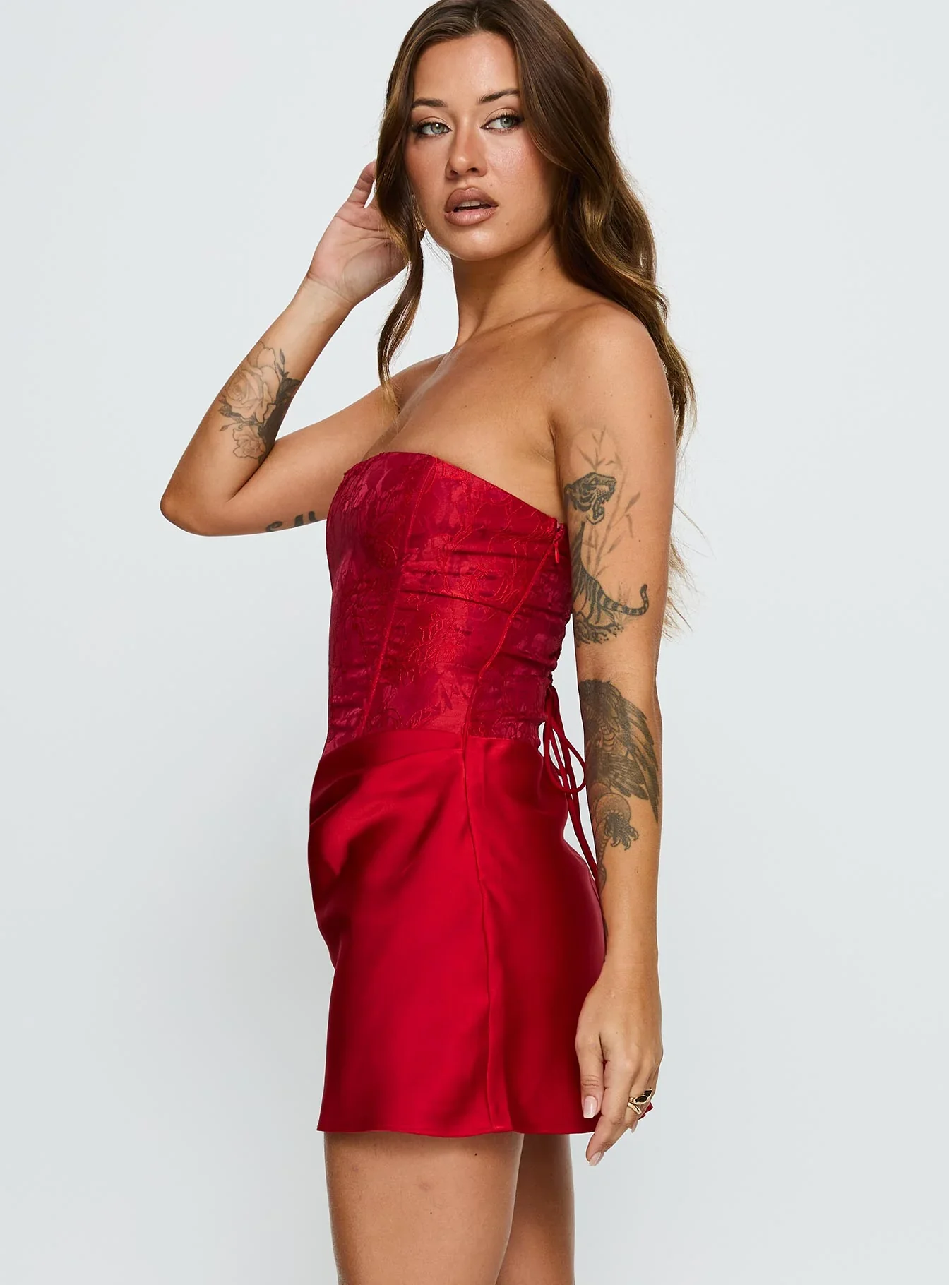 Jenevieve Strapless Drape Mini Dress Red - luluinthesky