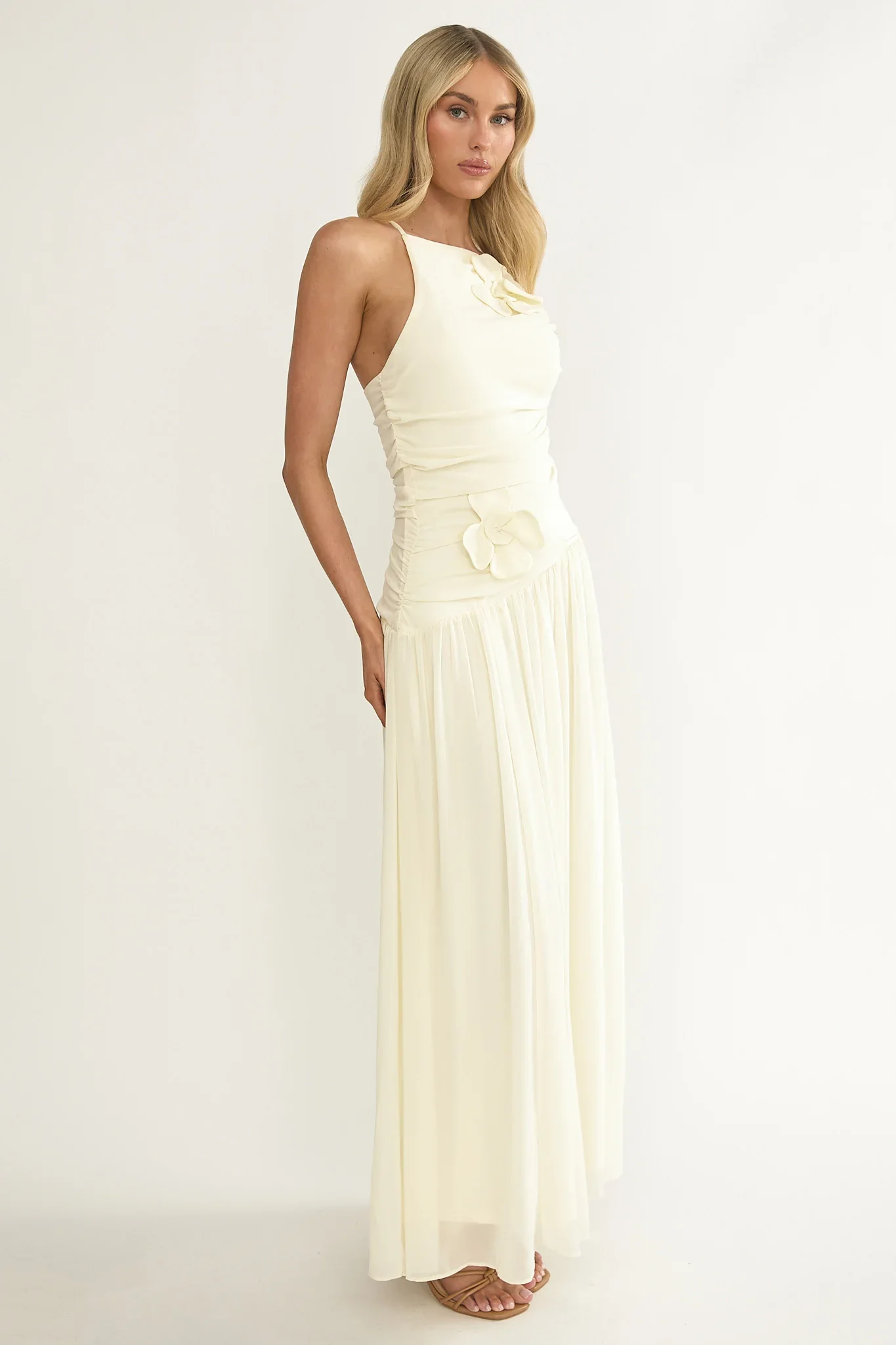 Brighten Drop Waist Flower Accent Maxi Dress Butter - luluinthesky