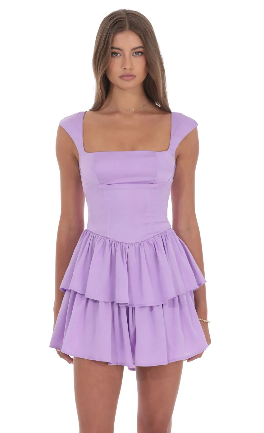 Satin Wide Strap Ruffle Dress in Lavender - luluinthesky