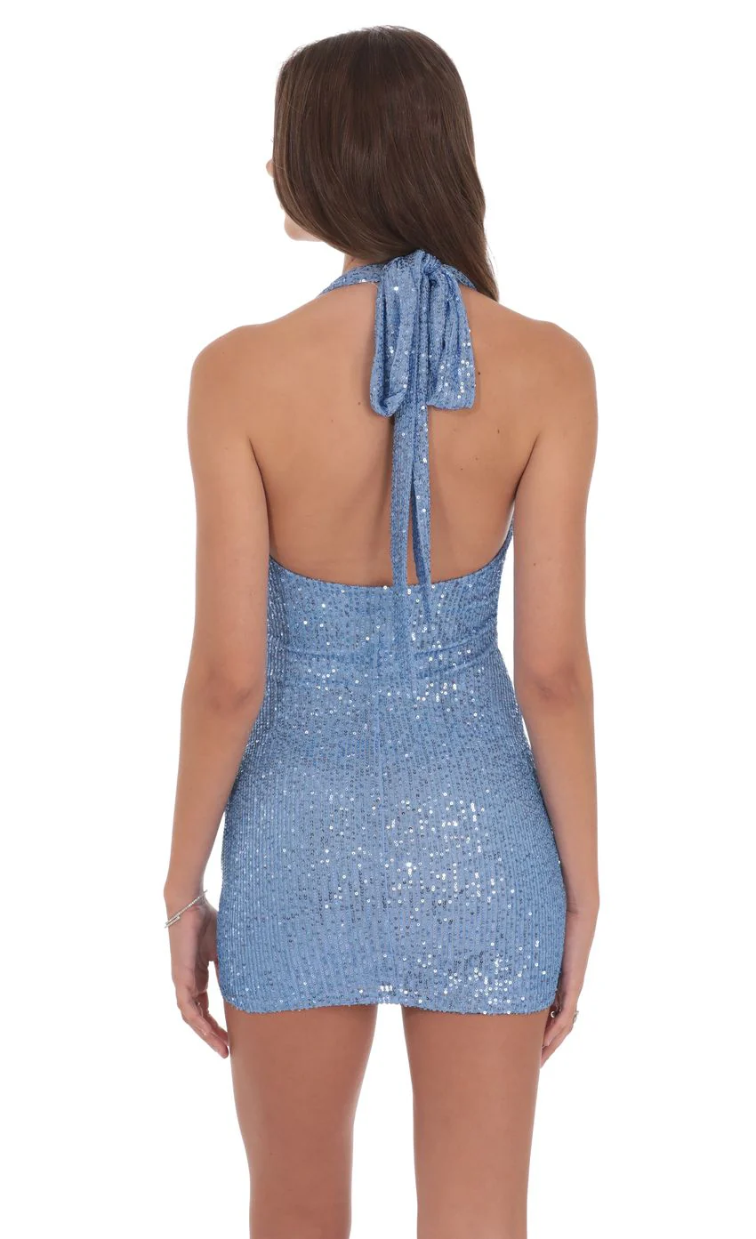 Sequin Halter Dress in Light Blue - luluinthesky