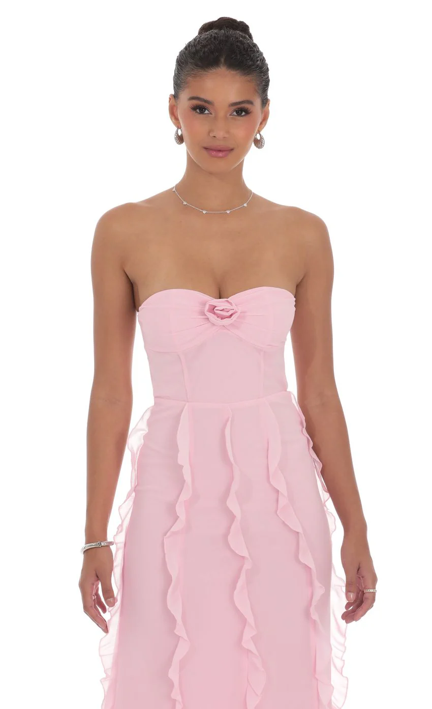 Chiffon Rosette Ruffle Maxi Dress in Pink - luluinthesky