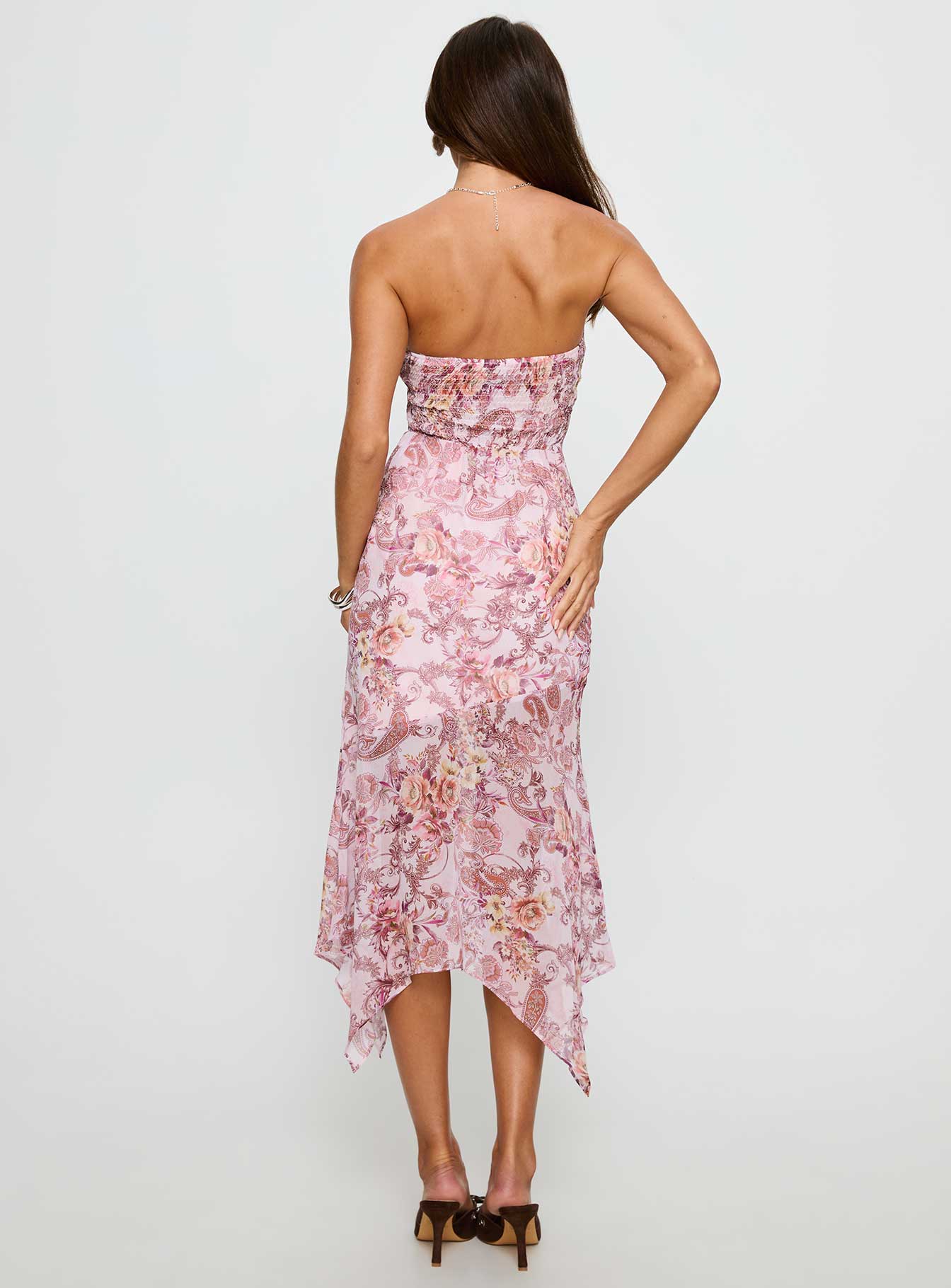 Coralis Strapless Asymmetrical Midi Dress Pink Paisley - luluinthesky
