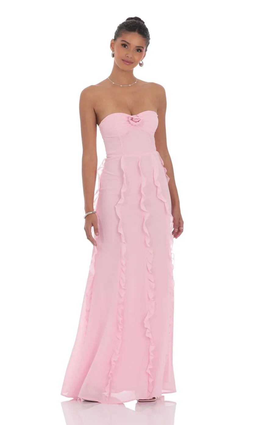 Chiffon Rosette Ruffle Maxi Dress in Pink - luluinthesky