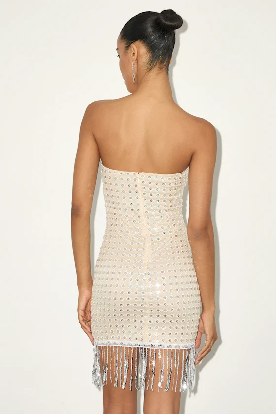 Suzie Beige Sequin Strapless Fringe Mini Dress - luluinthesky