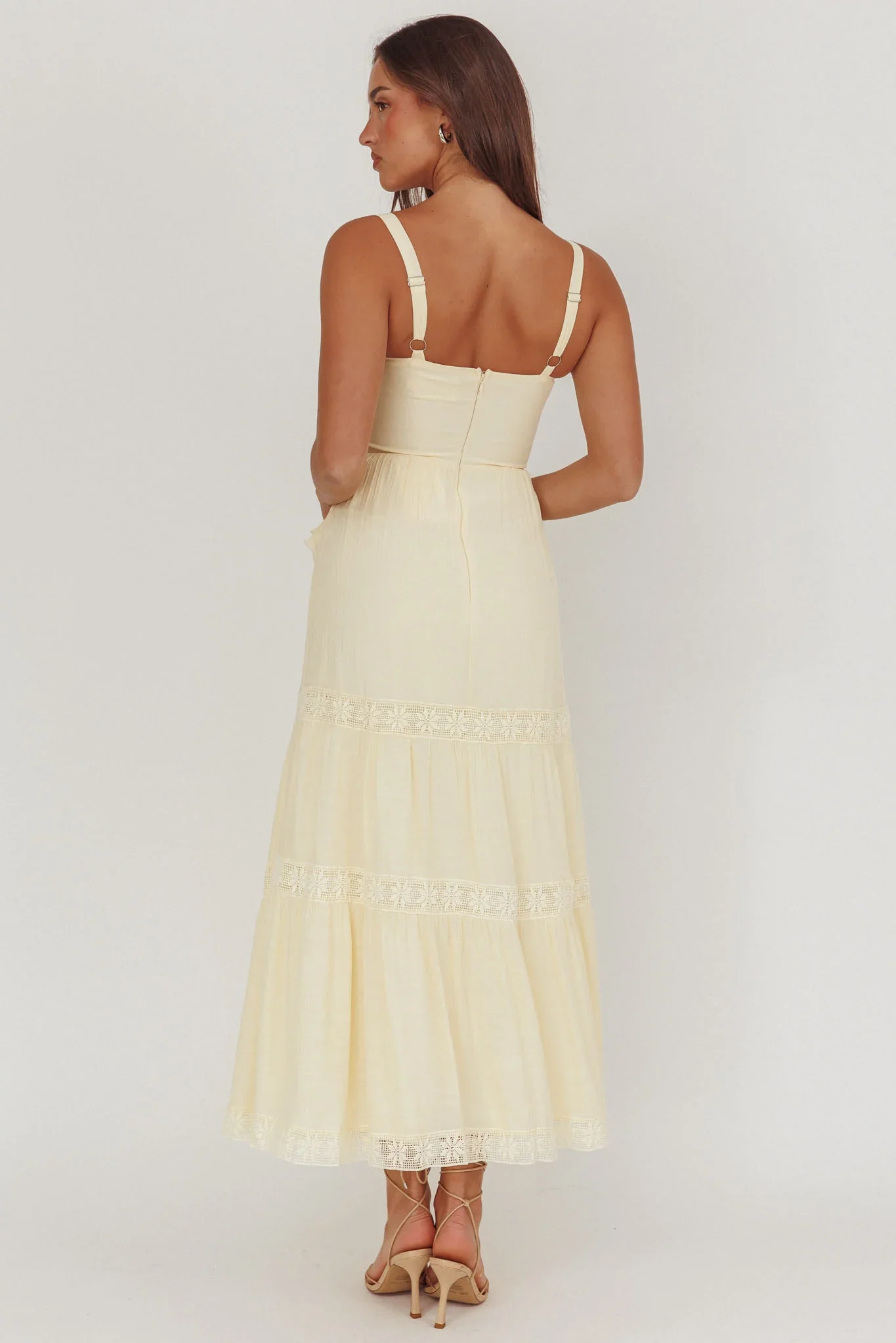Vienna Sky Frill And Crochet Trim Maxi Dress Cream - luluinthesky