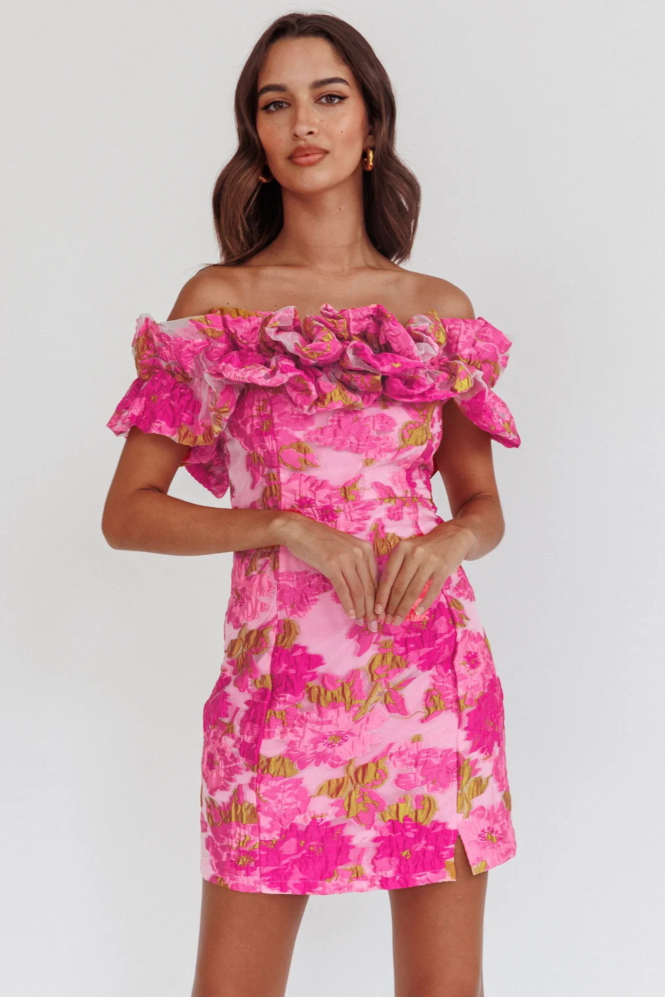 Memoire Off-Shoulder Textured Mini Dress Pink - luluinthesky