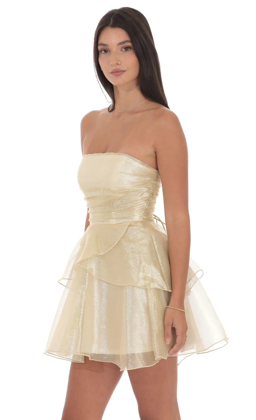 Petal Ruffle Strapless Dress in Gold - luluinthesky