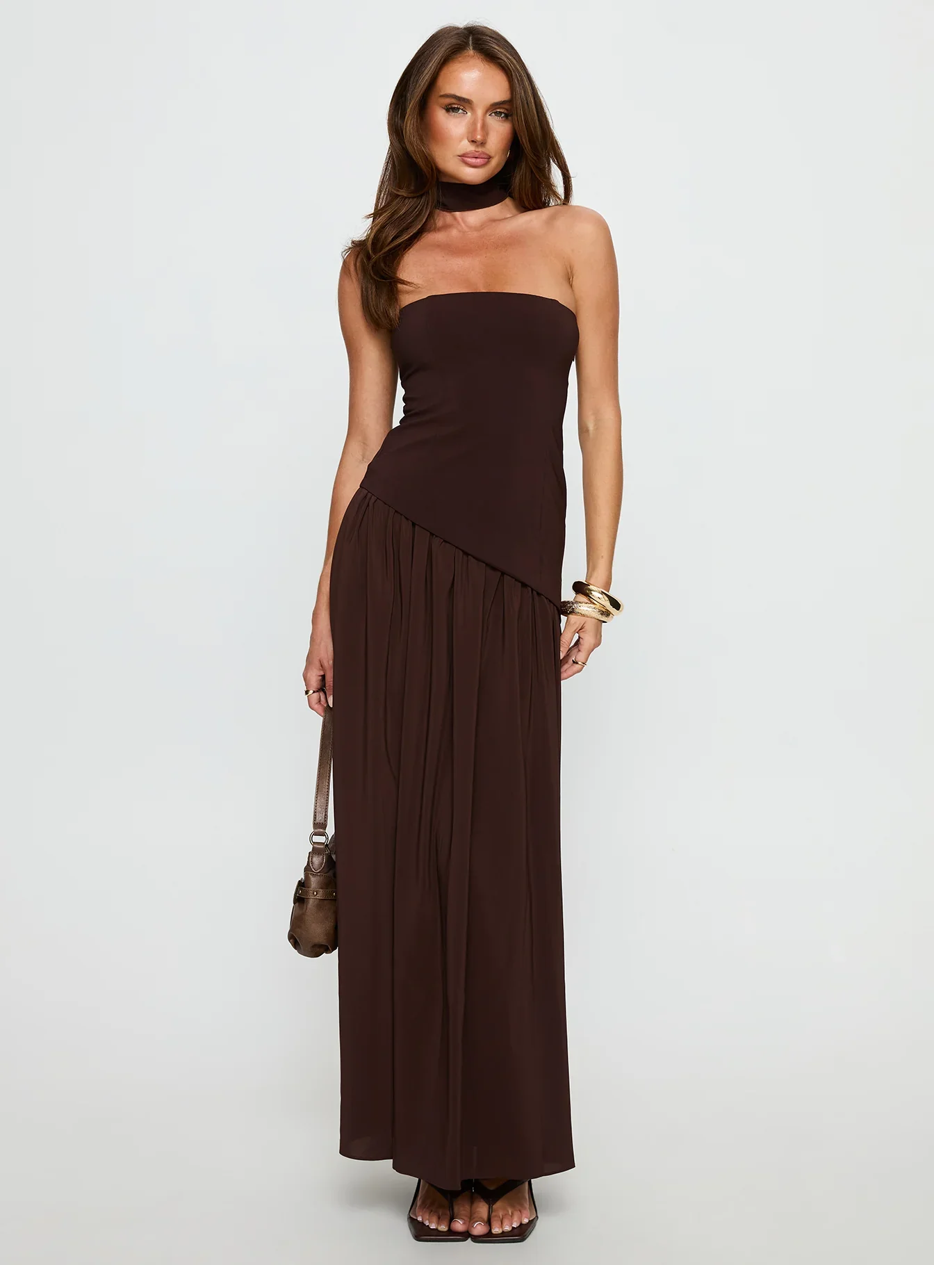 Odela Strapless Drop Waist Maxi Dress Chocolate - luluinthesky