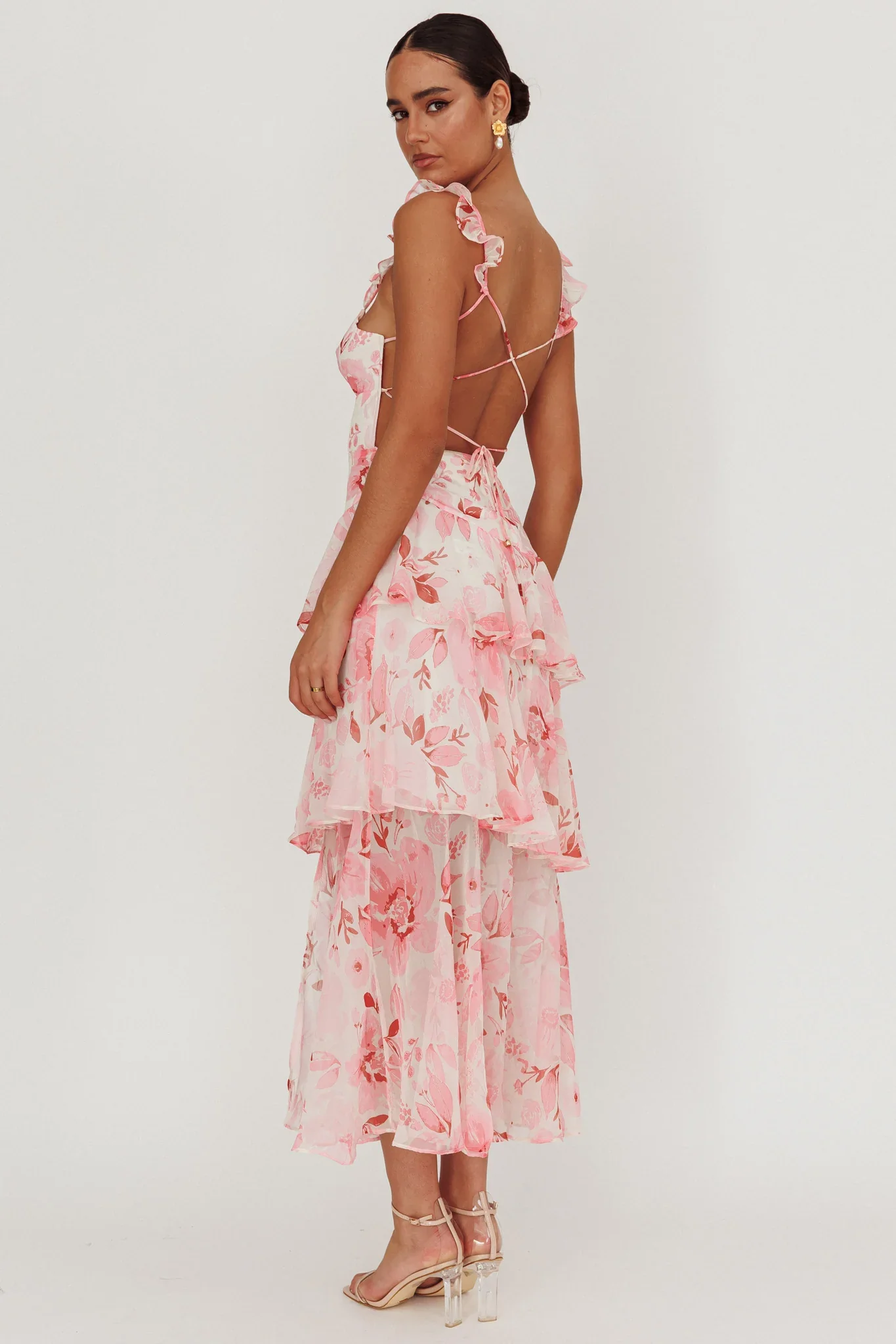 Veda Strappy Back Ruffle Maxi Dress Flowers Blush - luluinthesky