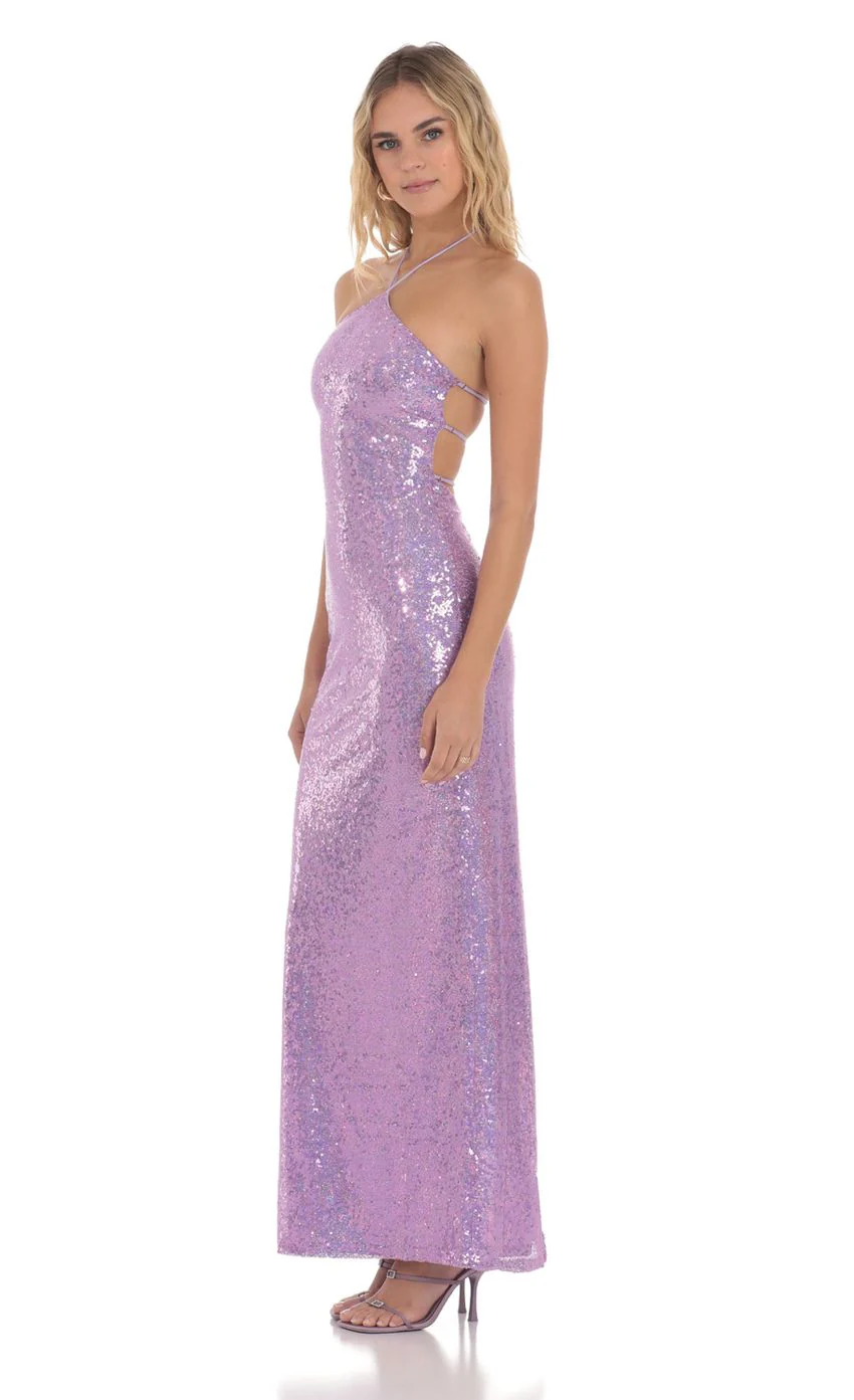 Sequin Halter Maxi Dress in Lavender - luluinthesky