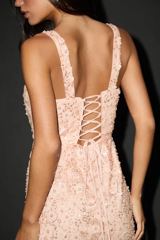Dazzling Forever Peach Pink Sequin Beaded Bodycon Mini Dress - luluinthesky