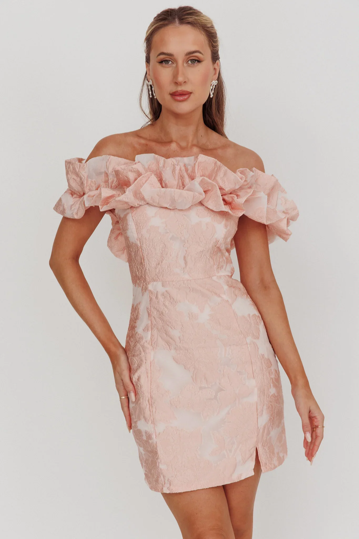 Memoire Off-Shoulder Jacquard Mini Dress Blush - luluinthesky