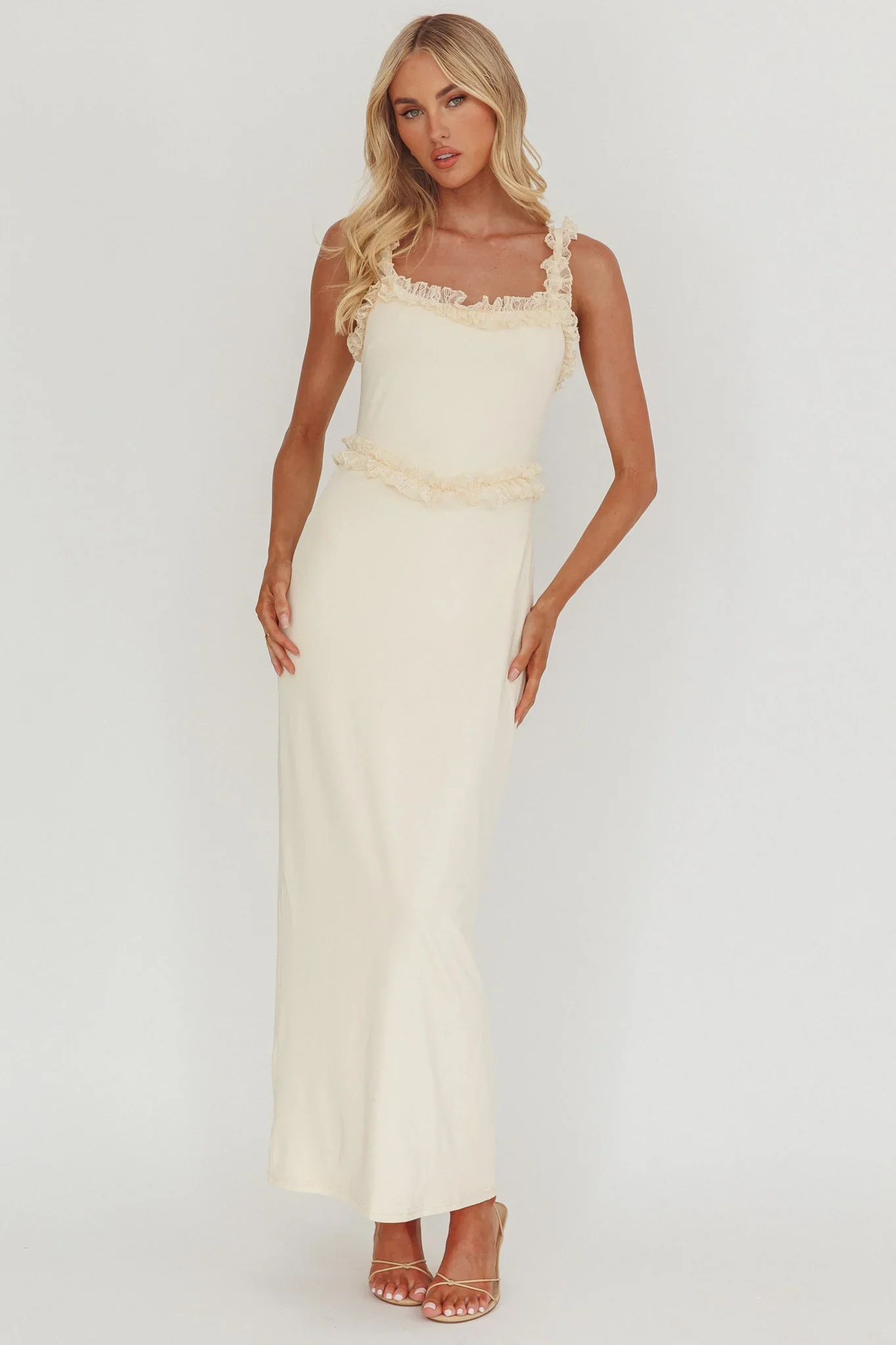 Olivera Lace Frill Trim Maxi Dress Cream - luluinthesky