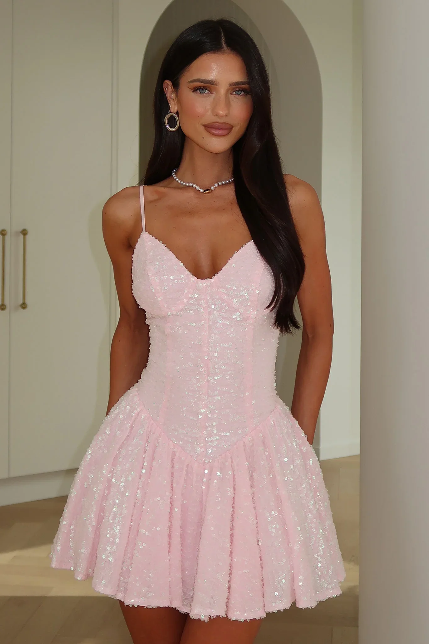 Mercedes Sequin Mini Dress - Baby Pink - luluinthesky