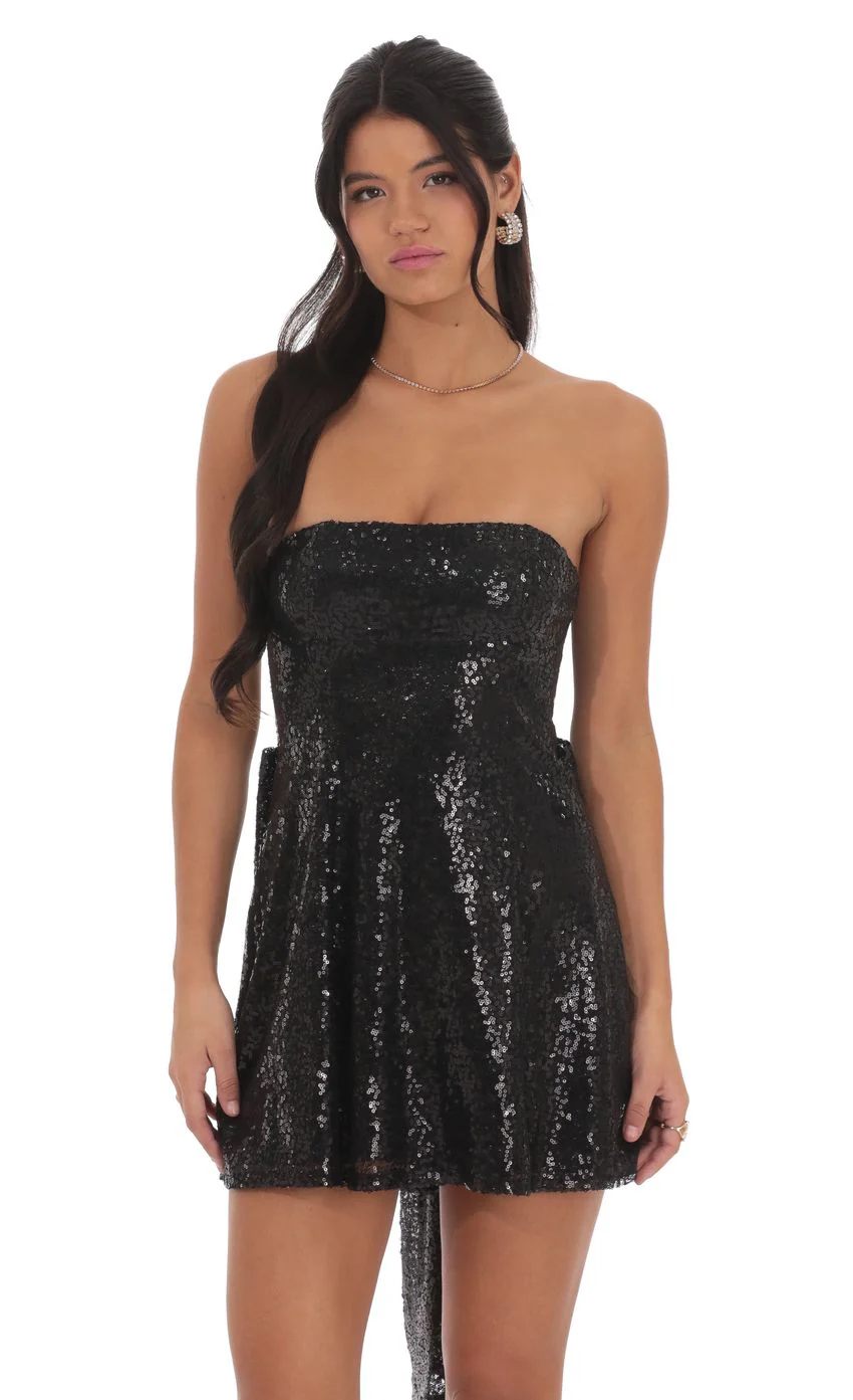 Sequin Back Bow Dress in Black - luluinthesky