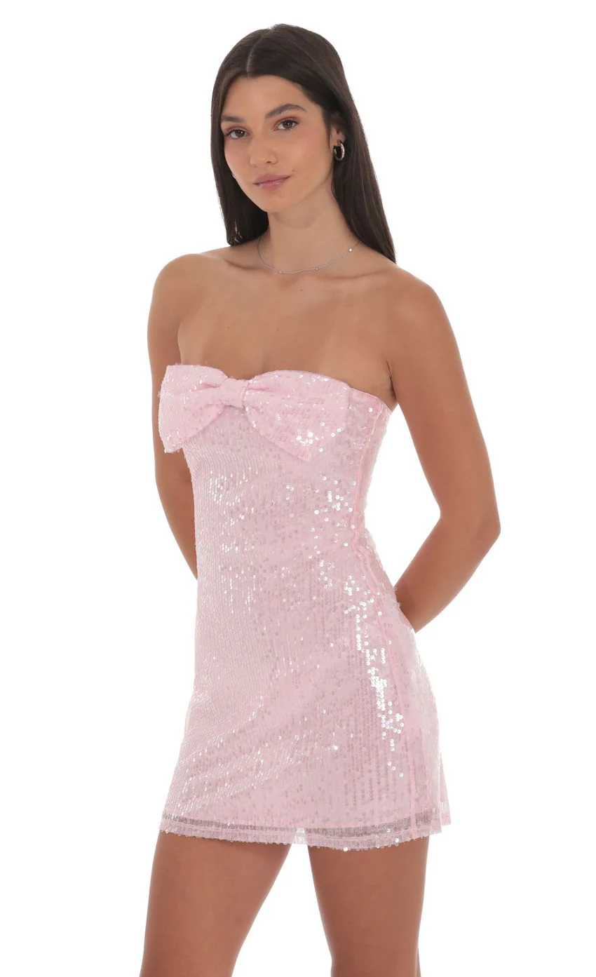 Strapless Sequin Bow Dress in Pink - luluinthesky
