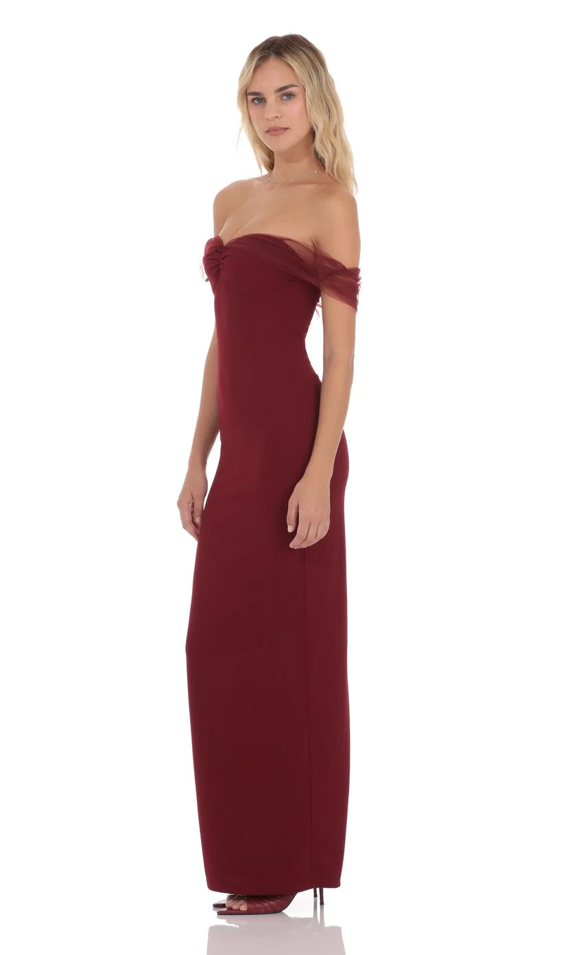 Tulle Off Shoulder Maxi Dress in Maroon - luluinthesky