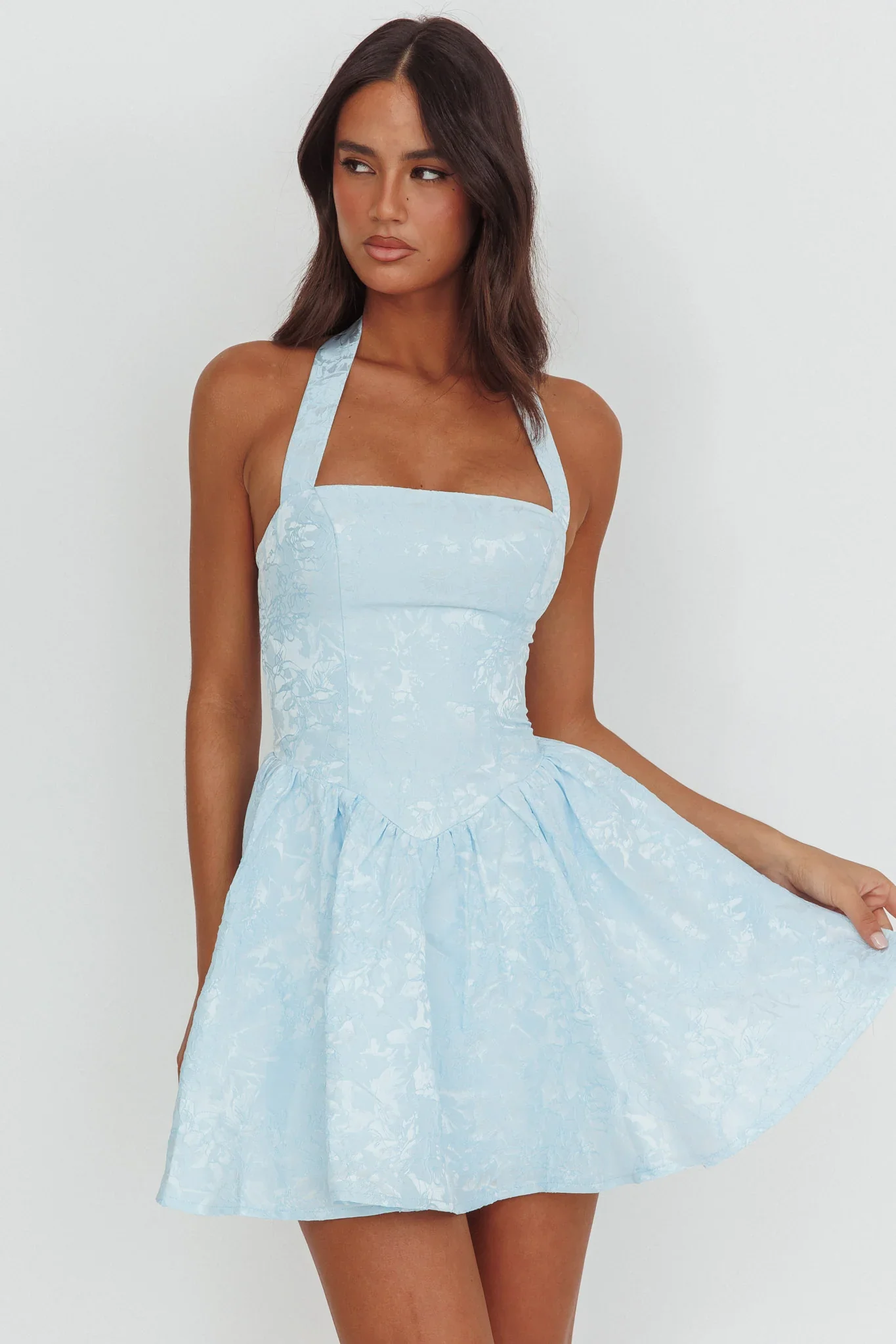 Serrah Halter Mini Dress Jacquard Blue - luluinthesky
