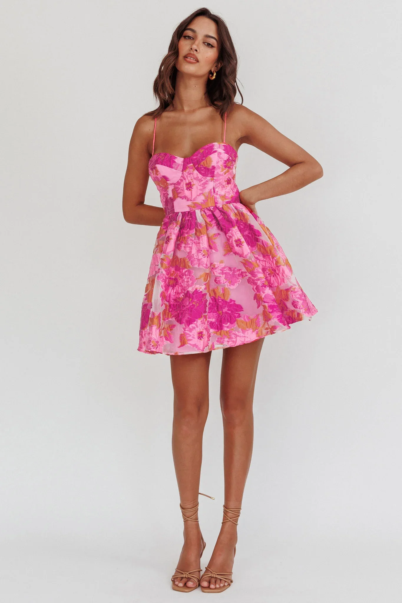Belle Enchante Cami Strap Jacquard Mini Dress Pink - luluinthesky