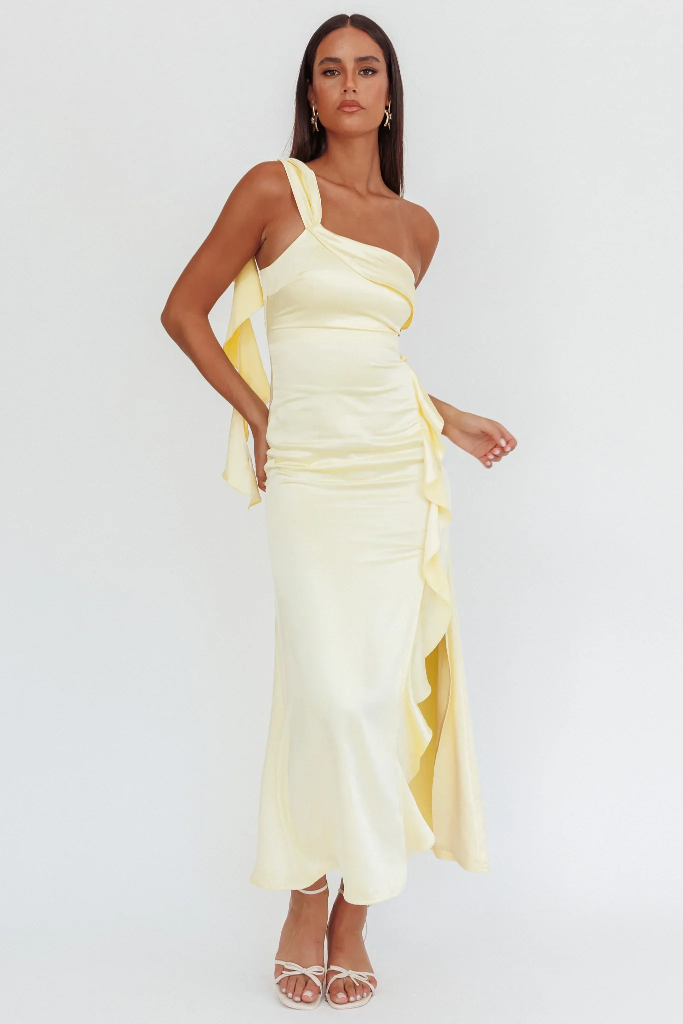 Carmel One-Shoulder Split Maxi Dress Butter - luluinthesky