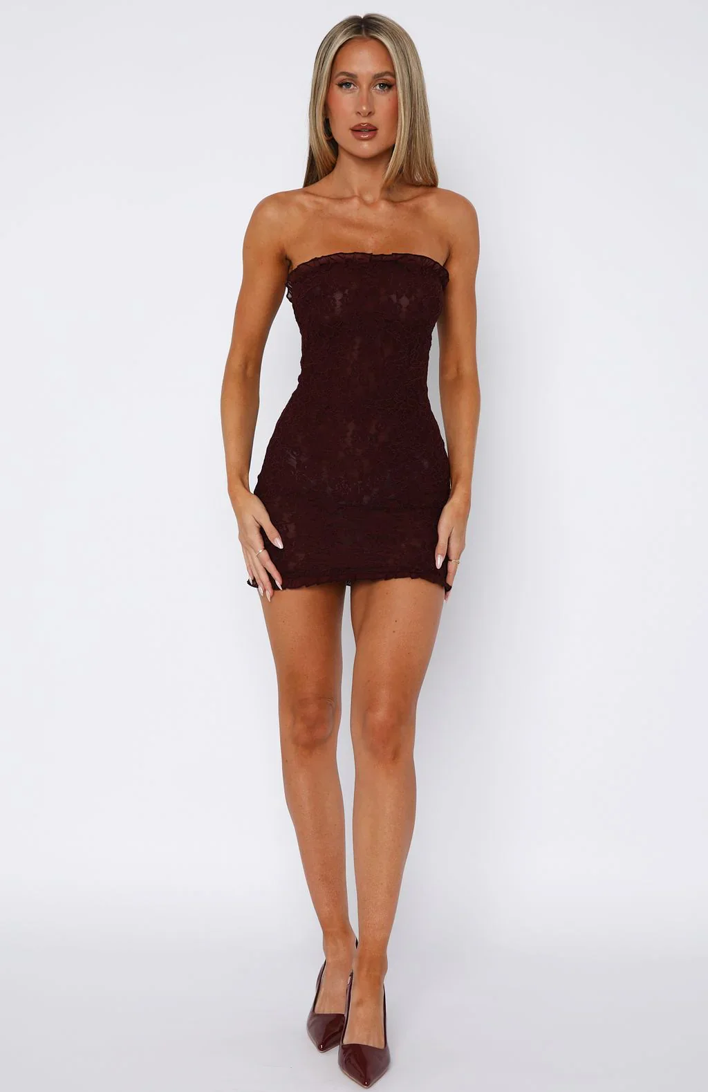 Mistress Strapless Lace Mini Dress Burgundy - luluinthesky