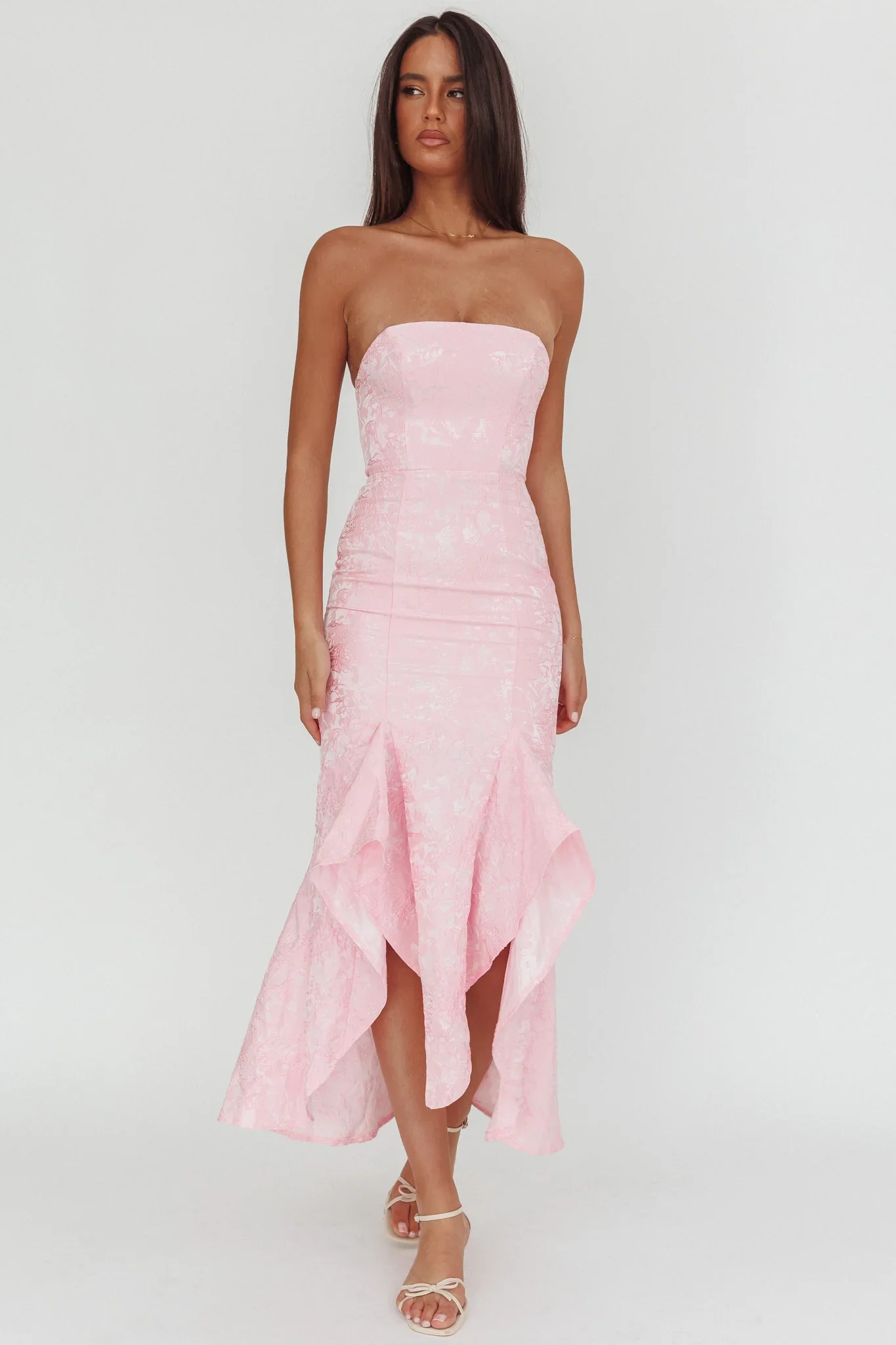 Corin Strapless High-Low Hem Maxi Dress Jacquard Pink - luluinthesky