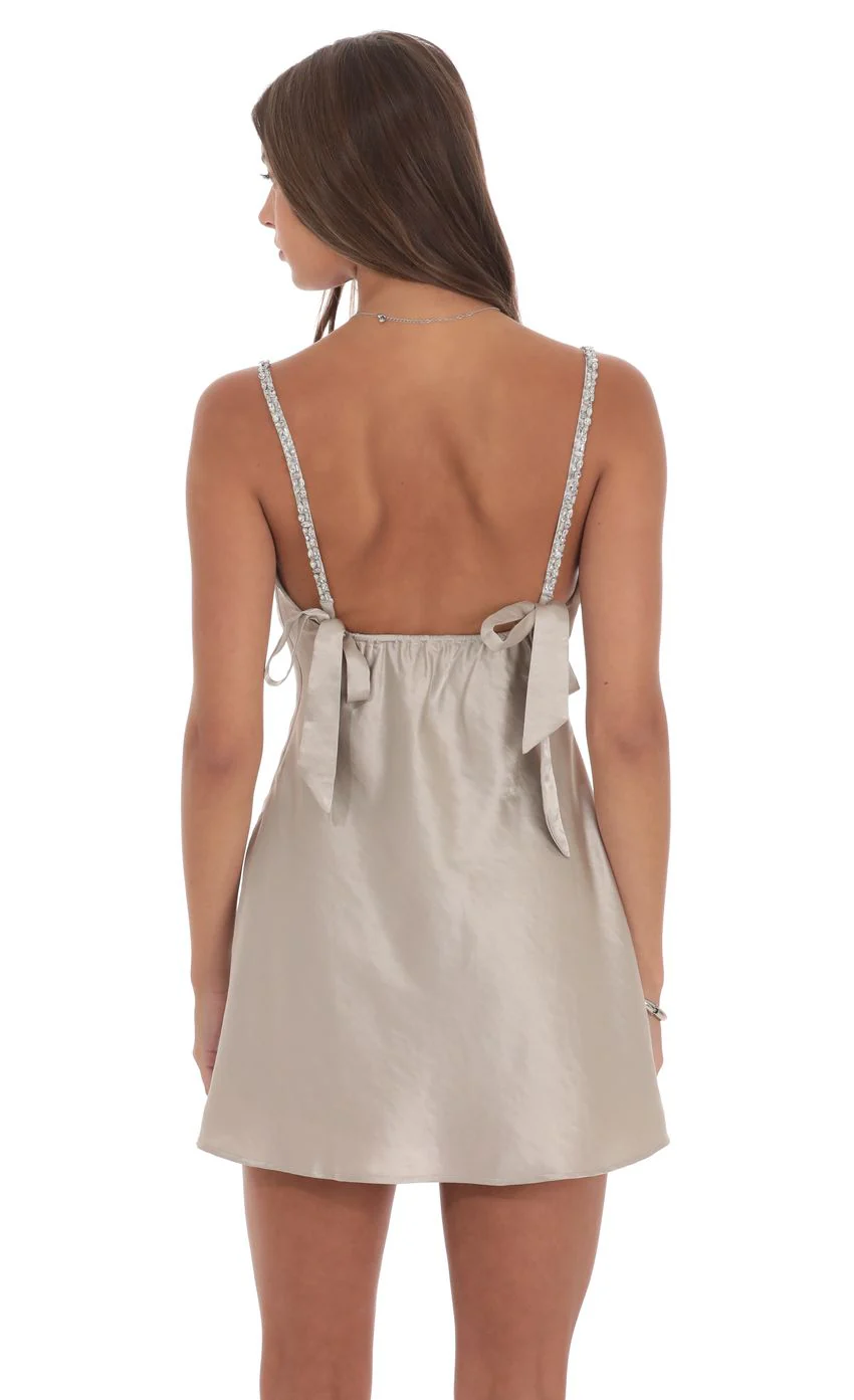 Rhinestone Strap Satin Dress in Taupe - luluinthesky