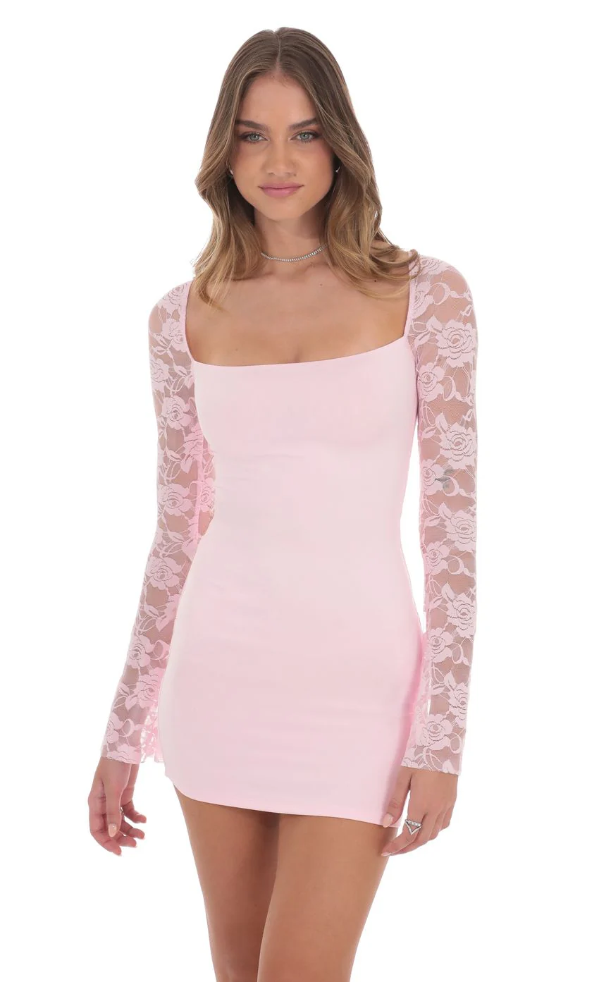Floral Lace Long Sleeve Dress in Pink - luluinthesky