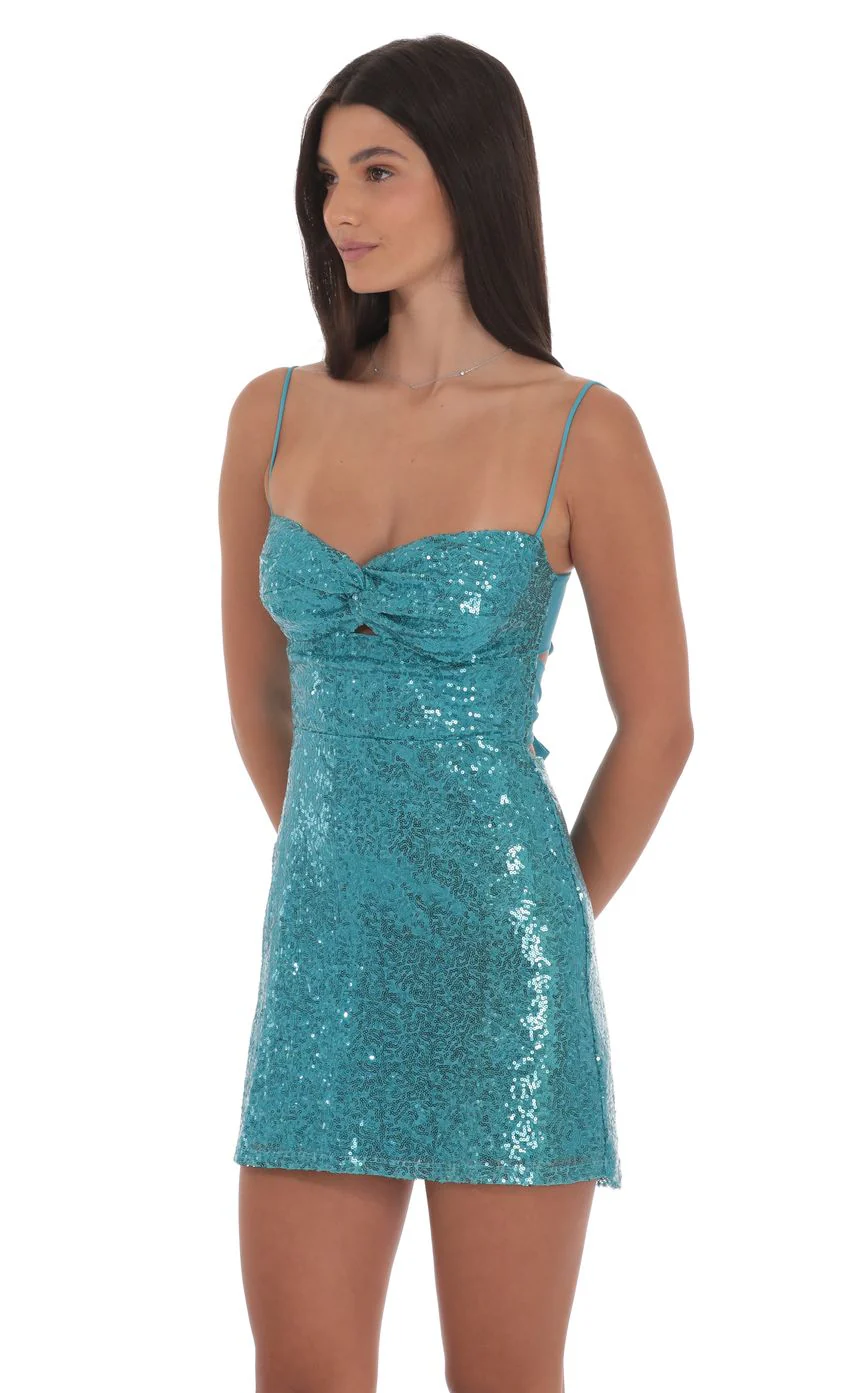 Sequin Front Twist Bodycon Dress in Aqua - luluinthesky