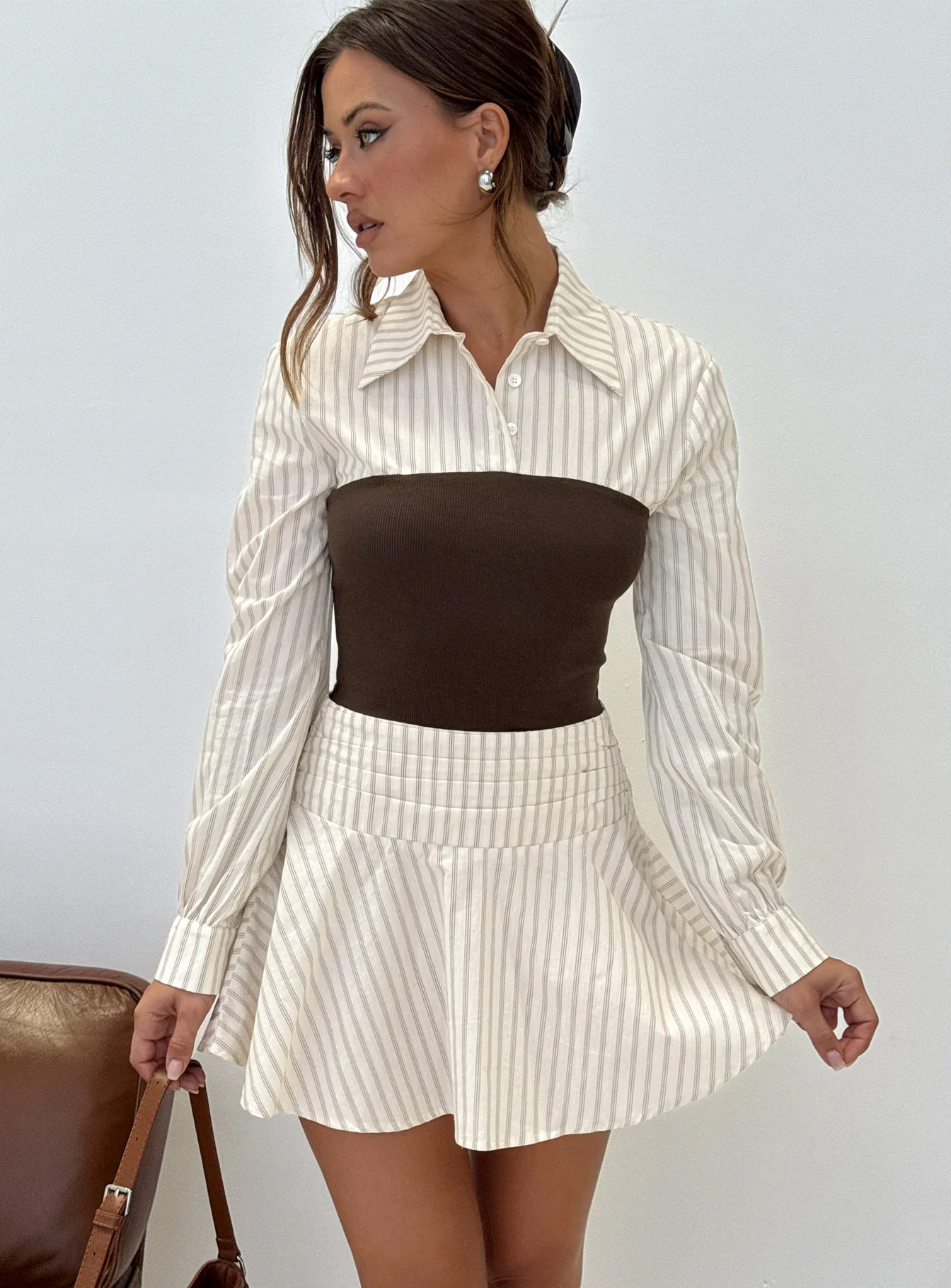 Belva Long Sleeve Corset Shirt Mini Dress Brown Stripe - luluinthesky