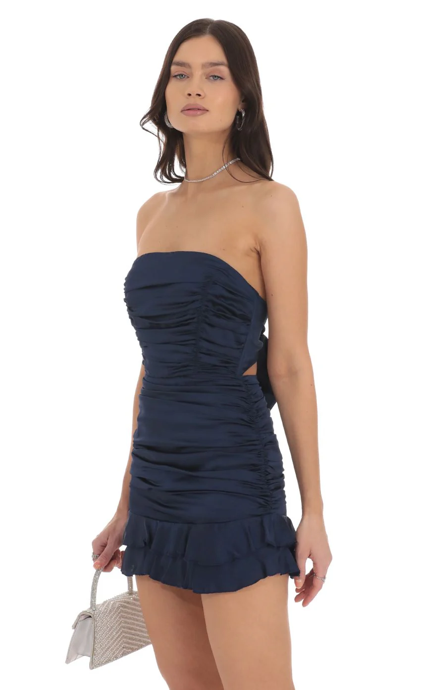 Strapless Satin Ruched Bodycon Dress in Navy - luluinthesky