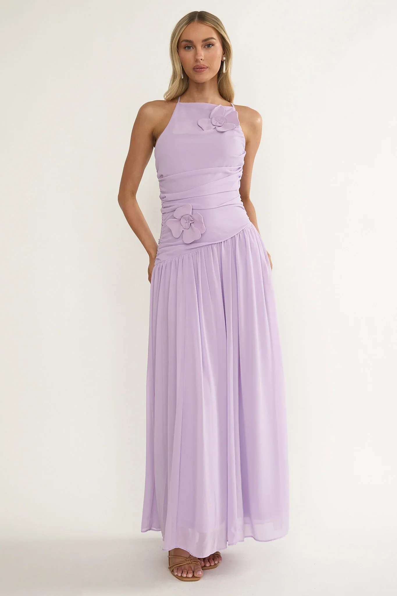 Brighten Drop Waist Flower Accent Maxi Dress Lilac - luluinthesky