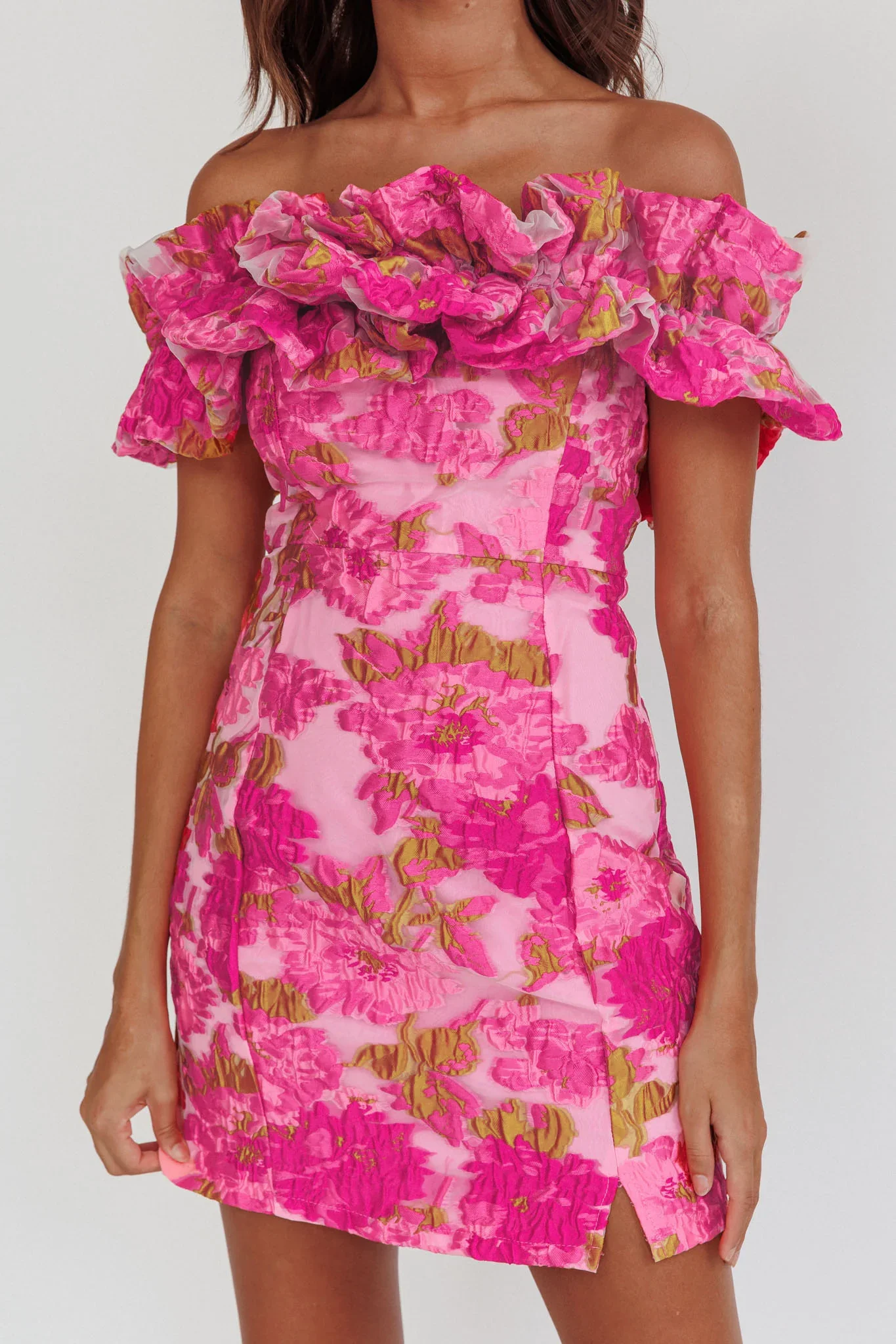 Memoire Off-Shoulder Textured Mini Dress Pink - luluinthesky
