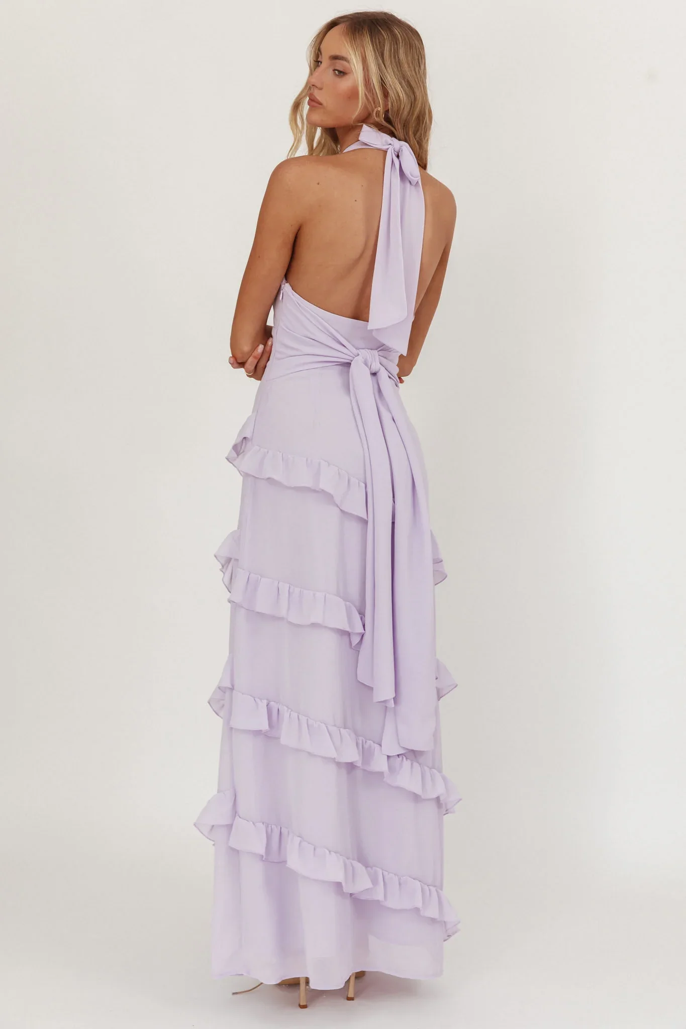 Flirt Frill Trim Halter Maxi Dress Lilac - luluinthesky