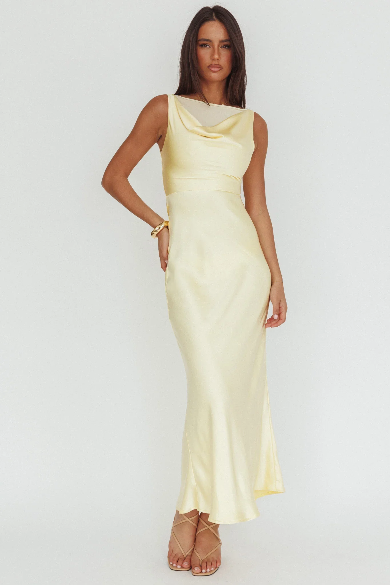 Venus Rising Sleeveless Cowl Neck Maxi Dress Butter - luluinthesky