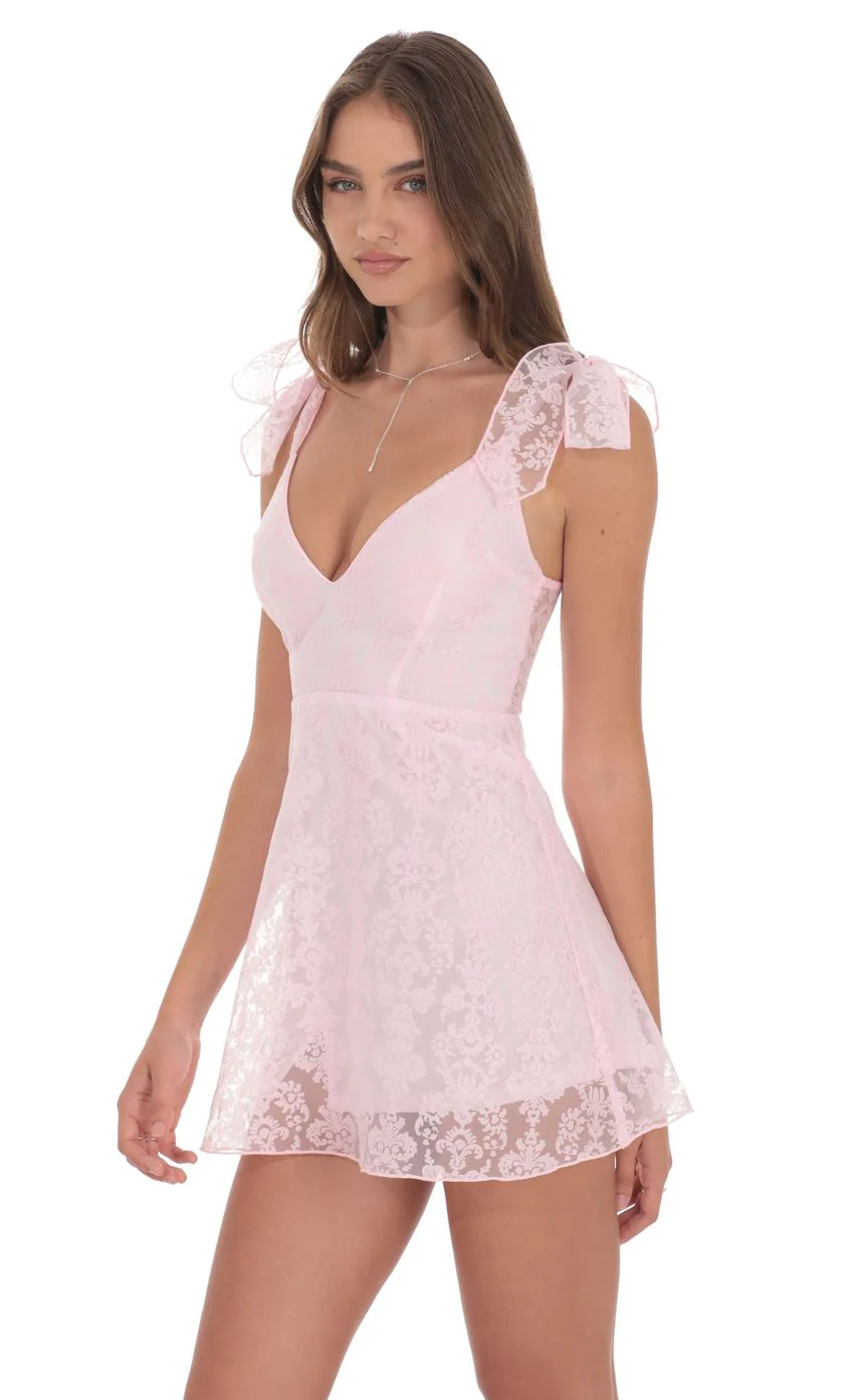 Motif Shoulder Tie A-line Dress in Pink - luluinthesky