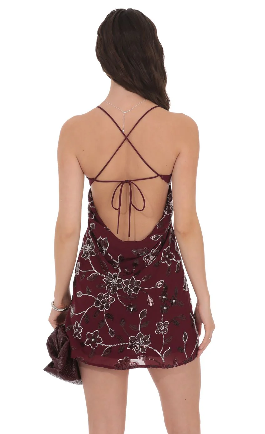 Floral Beaded Sequin Open Back Dress in Burgundy - luluinthesky
