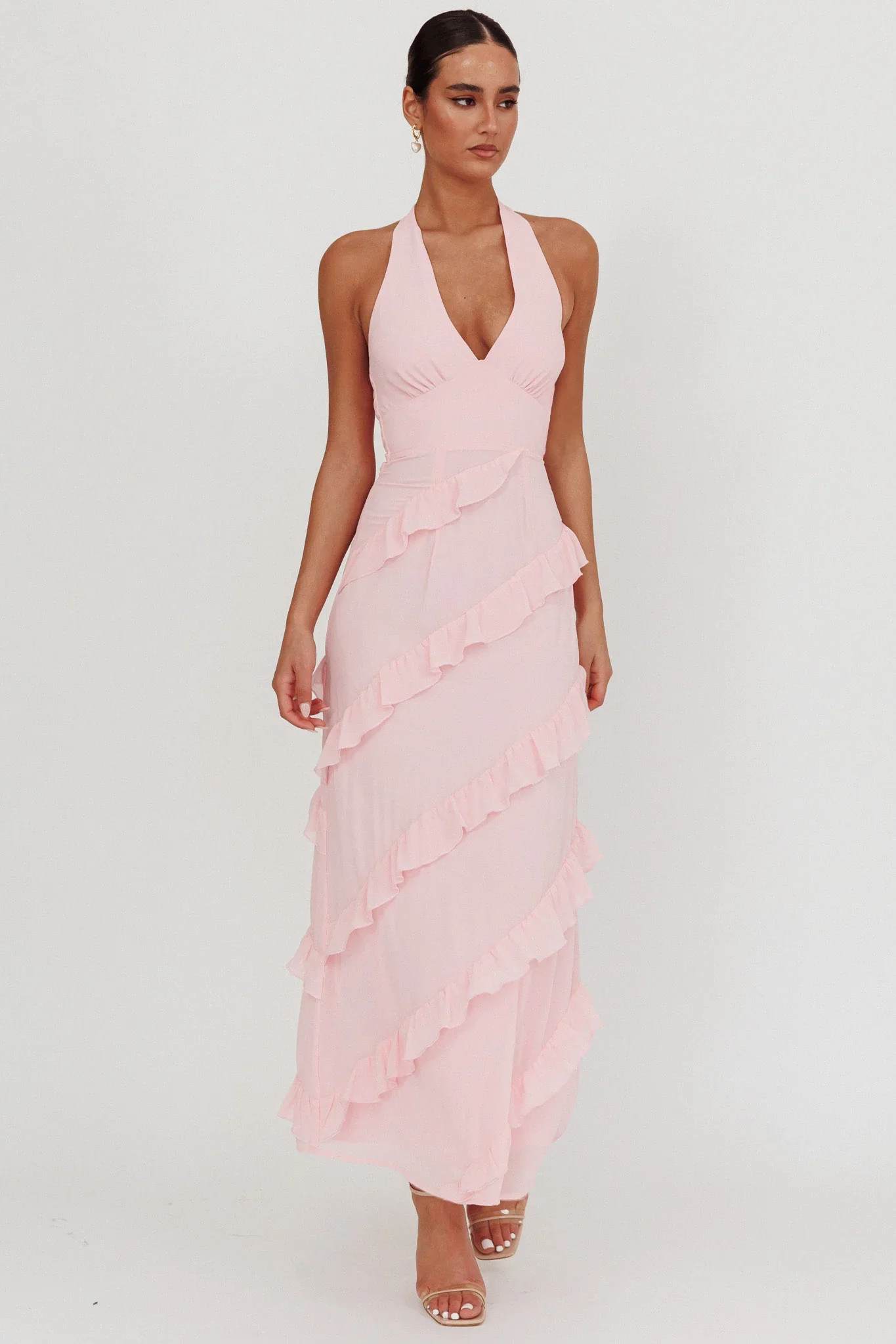 Flirt Frill Trim Halter Maxi Dress Blush - luluinthesky