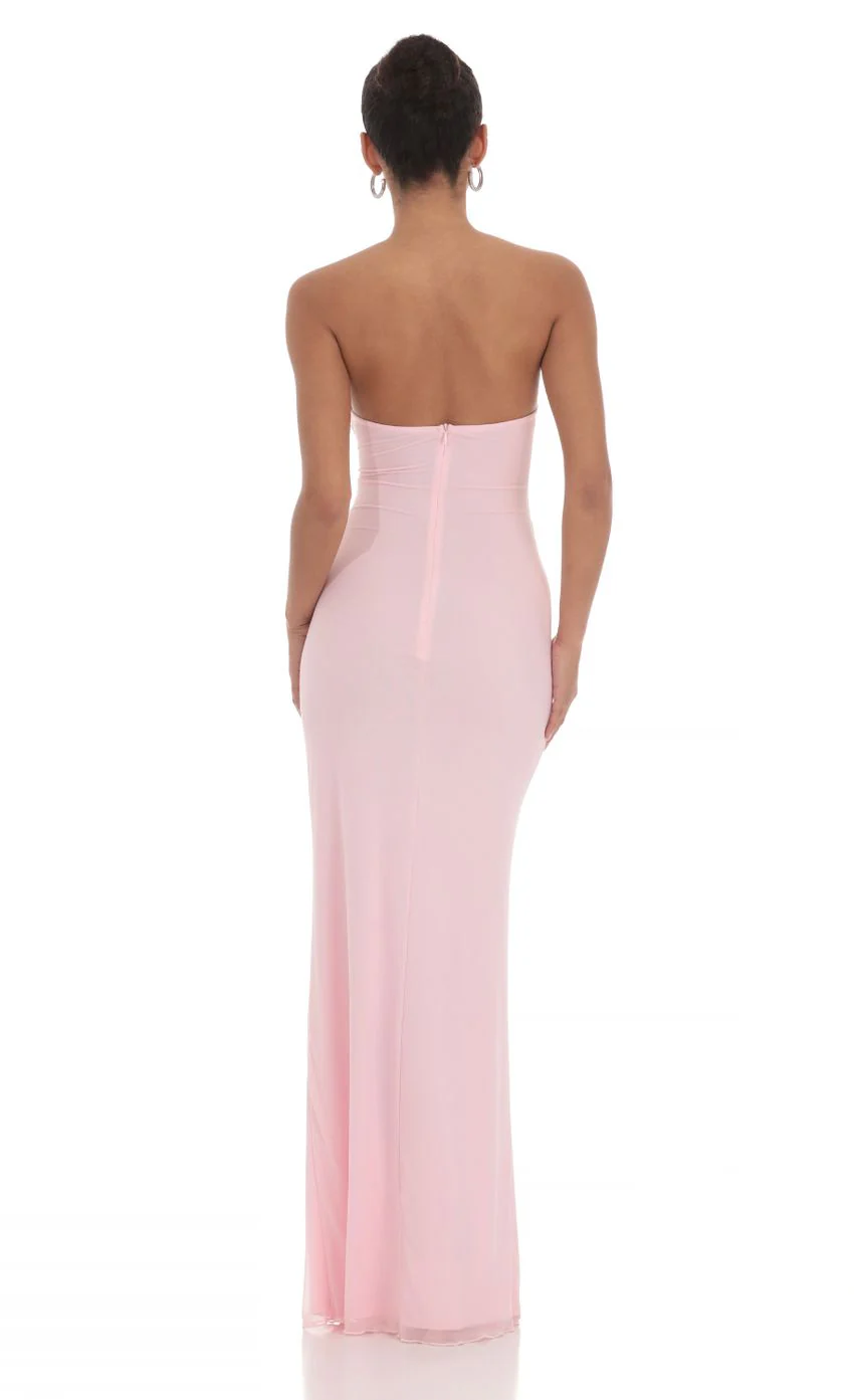 Mesh Cutout Ruffle Maxi Dress in Pink - luluinthesky