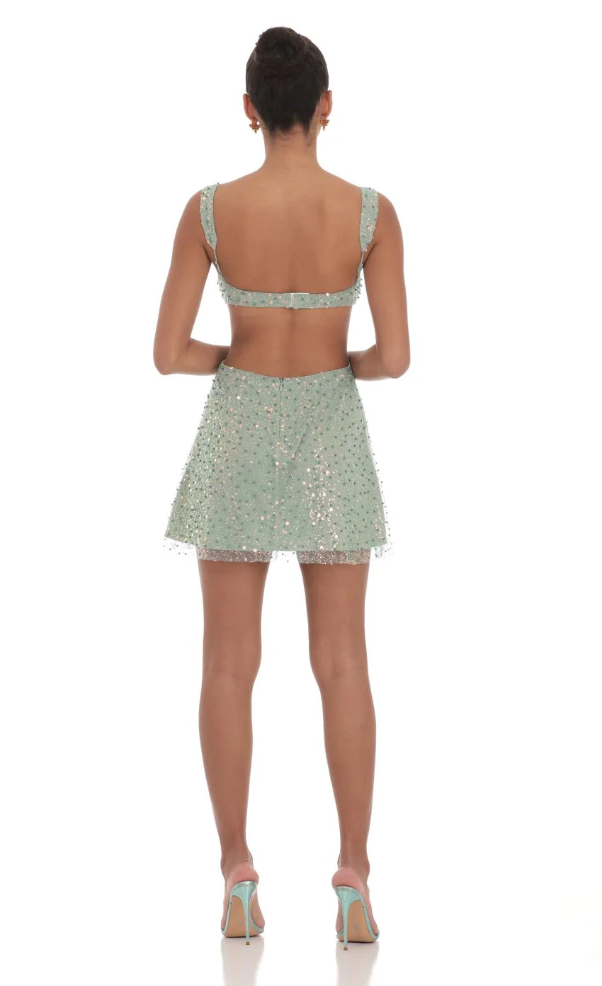Sequin Pearl Cutout Dress in Green - luluinthesky
