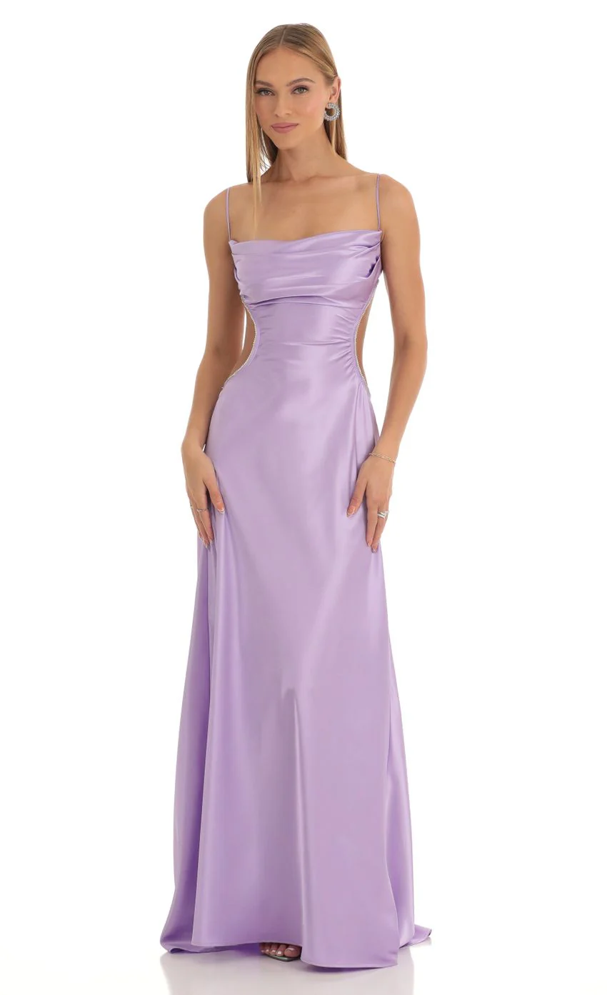 Satin Rhinestone Maxi Dress in Purple - luluinthesky