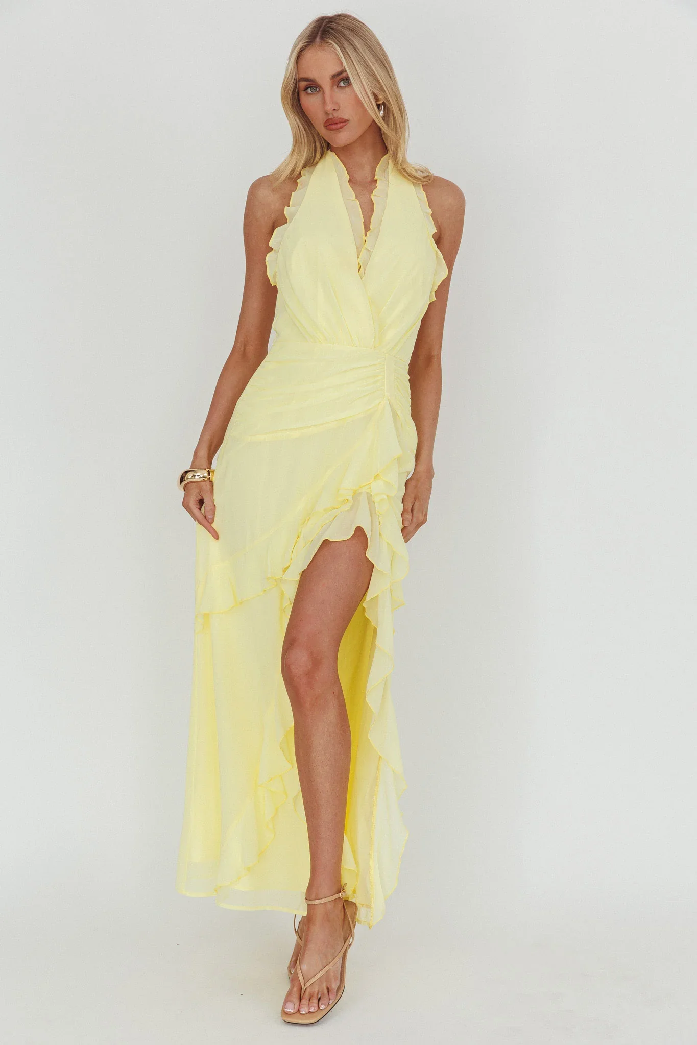 Enticing Halterneck Frill Maxi Dress Yellow - luluinthesky